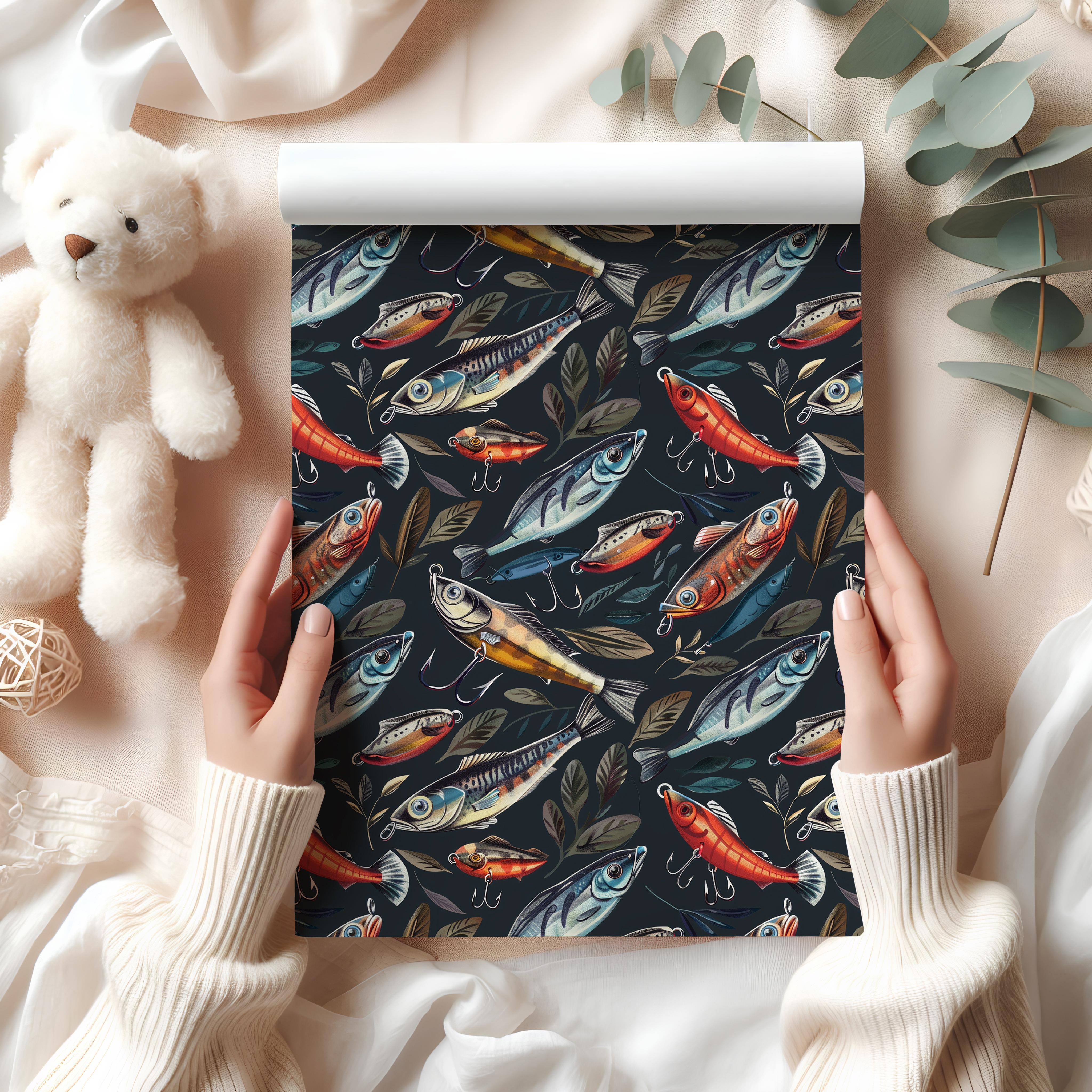 Fishing Lure Wrapping Paper Sheet – Watercolour Fish Gift Wrap for Fishermen and Anglers, Charcoal Black