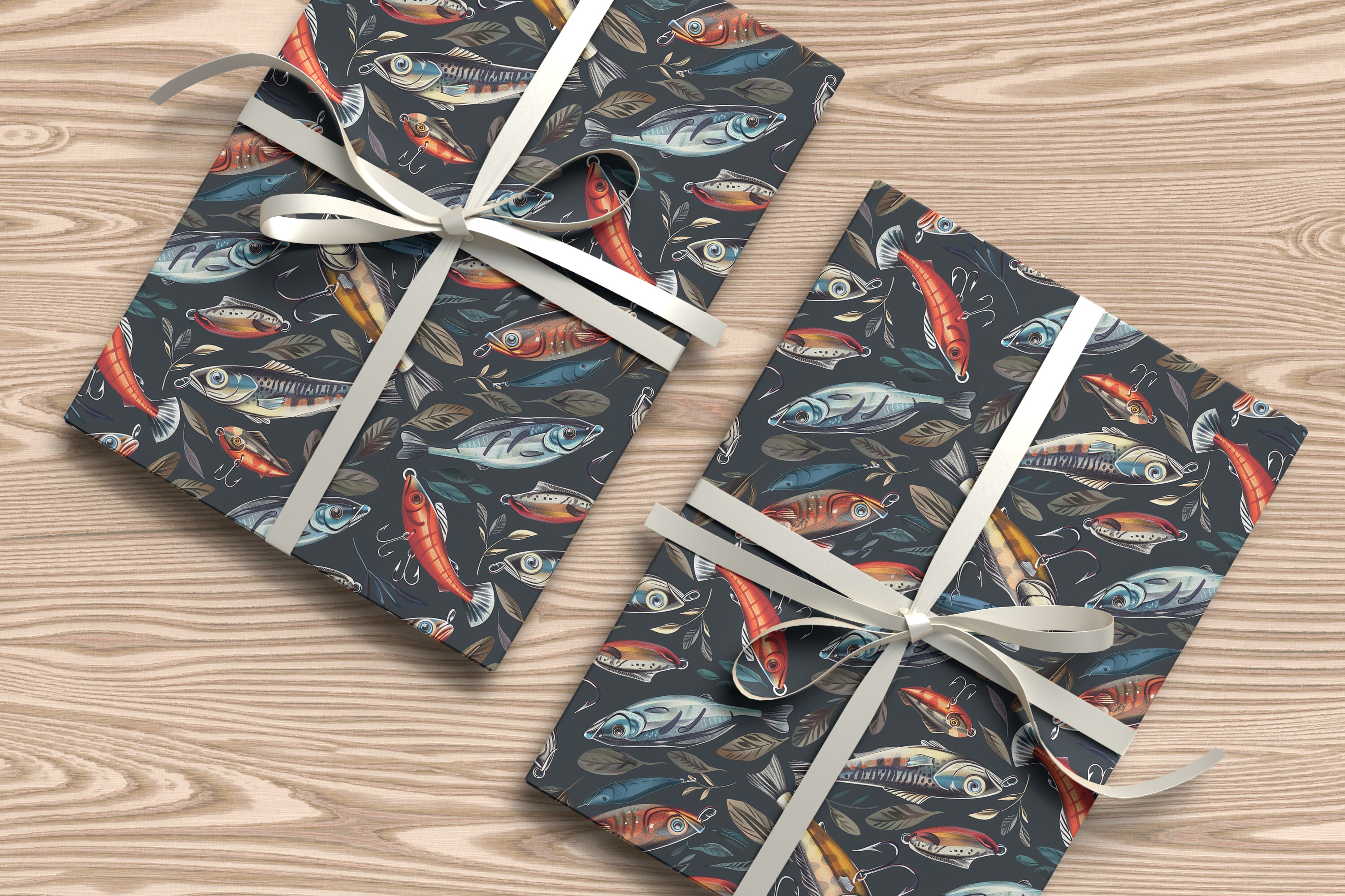 Fishing Lure Wrapping Paper Sheet – Watercolour Fish Gift Wrap for Fishermen and Anglers, Charcoal Black