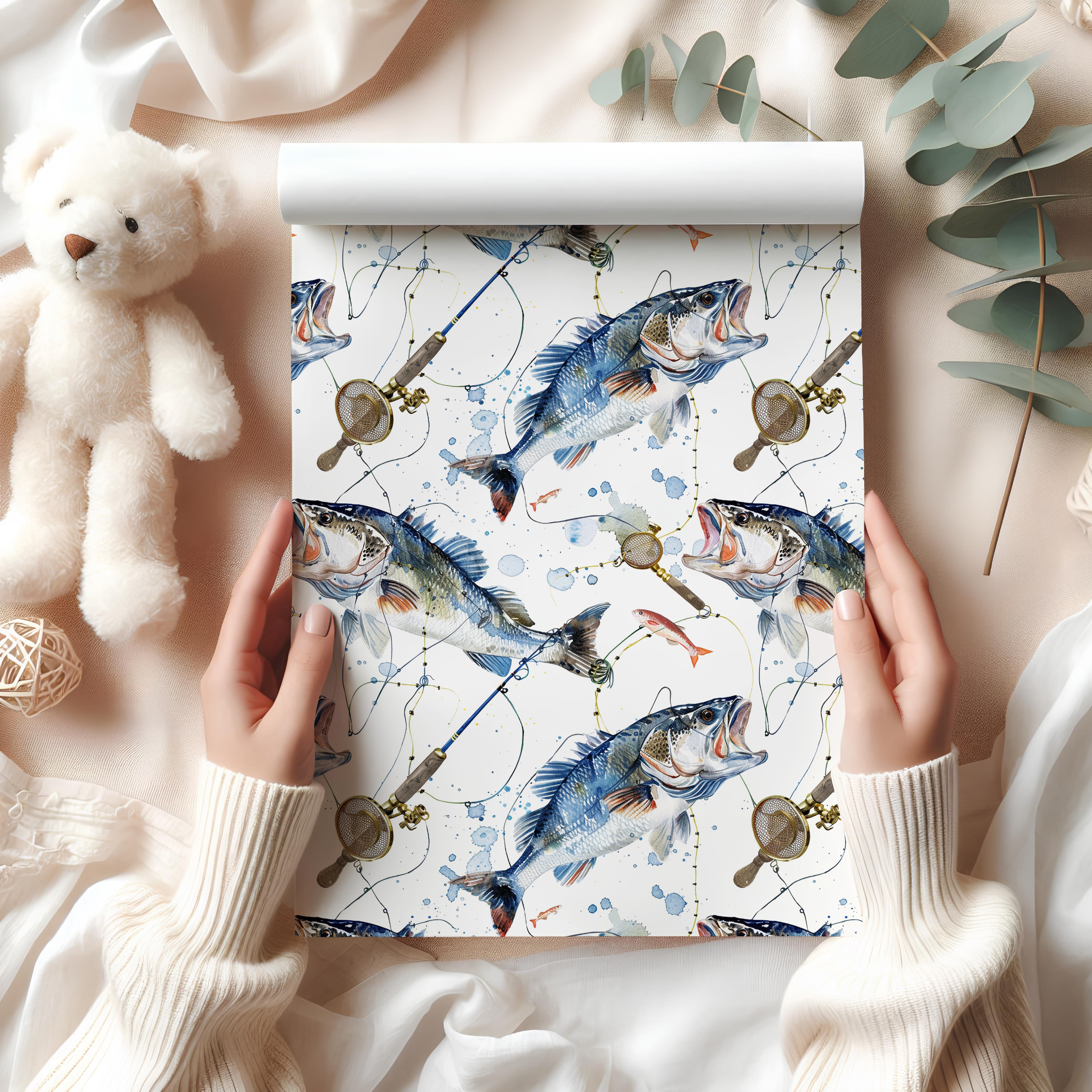 Bass Fishing Wrapping Paper Sheet – Watercolour Gift Wrap for Fishermen with Rods and Lures, White