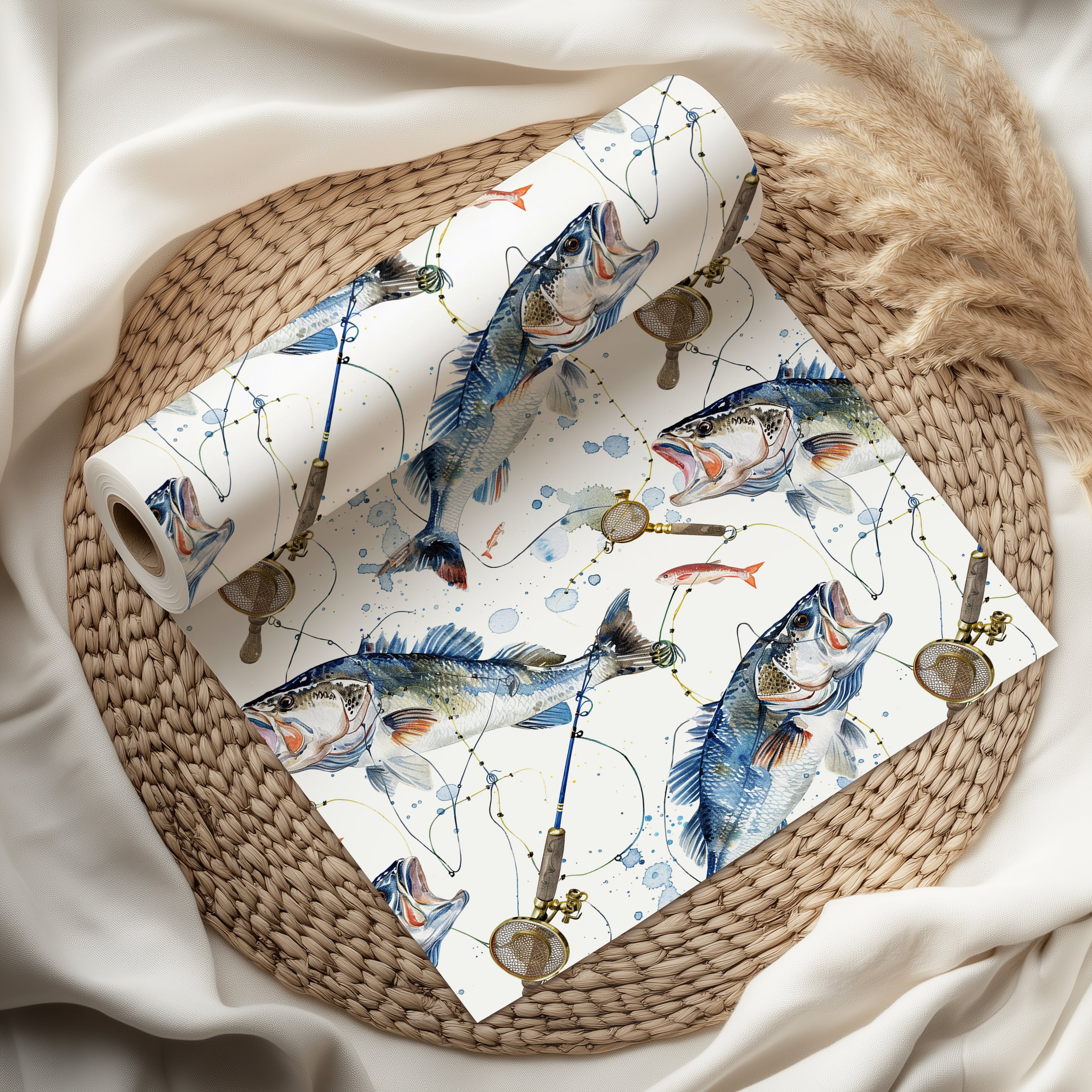 Bass Fishing Wrapping Paper Sheet – Watercolour Gift Wrap for Fishermen with Rods and Lures, White