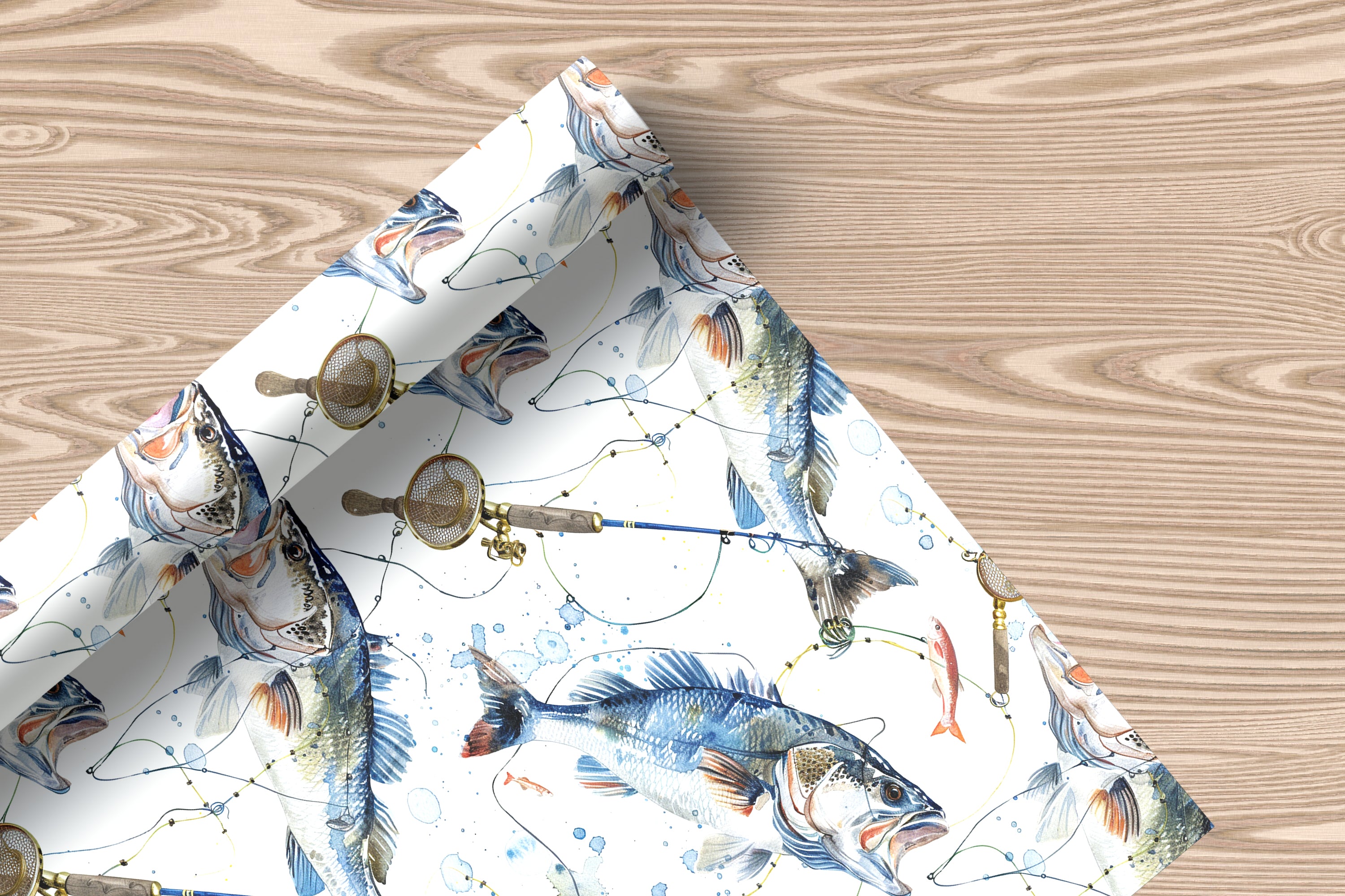 Bass Fishing Wrapping Paper Sheet – Watercolour Gift Wrap for Fishermen with Rods and Lures, White