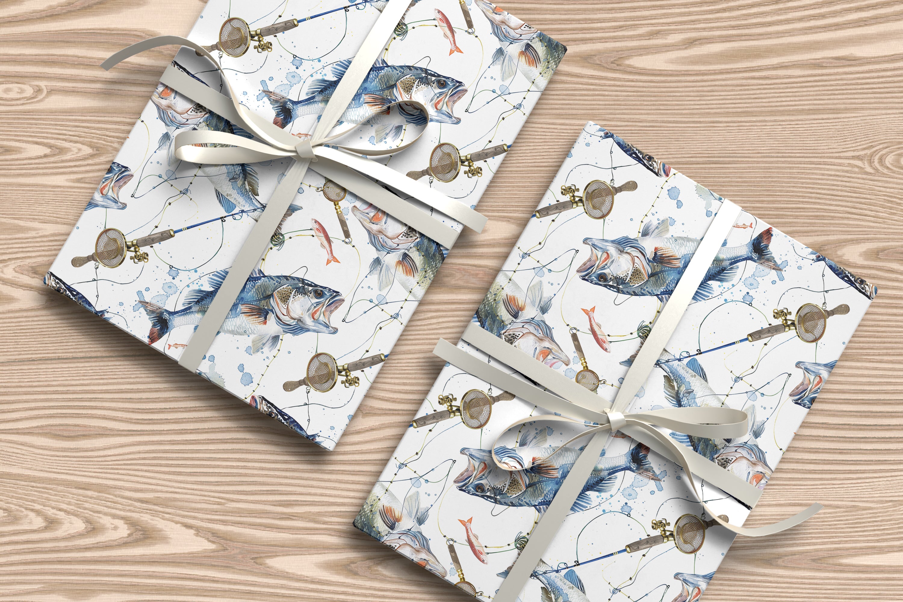 Bass Fishing Wrapping Paper Sheet – Watercolour Gift Wrap for Fishermen with Rods and Lures, White