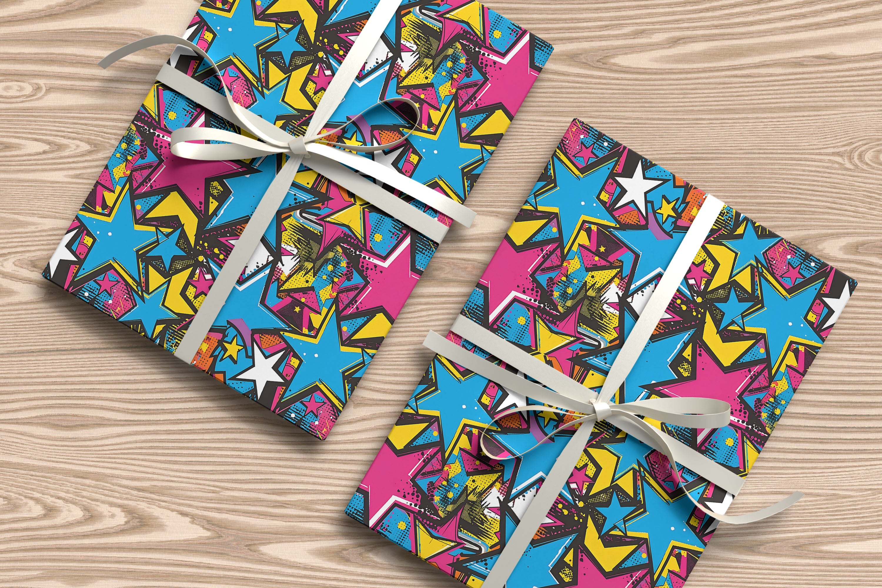 Retro Graffiti Stars Gift Wrapping Paper Sheets – Pack of 2 50x70cm