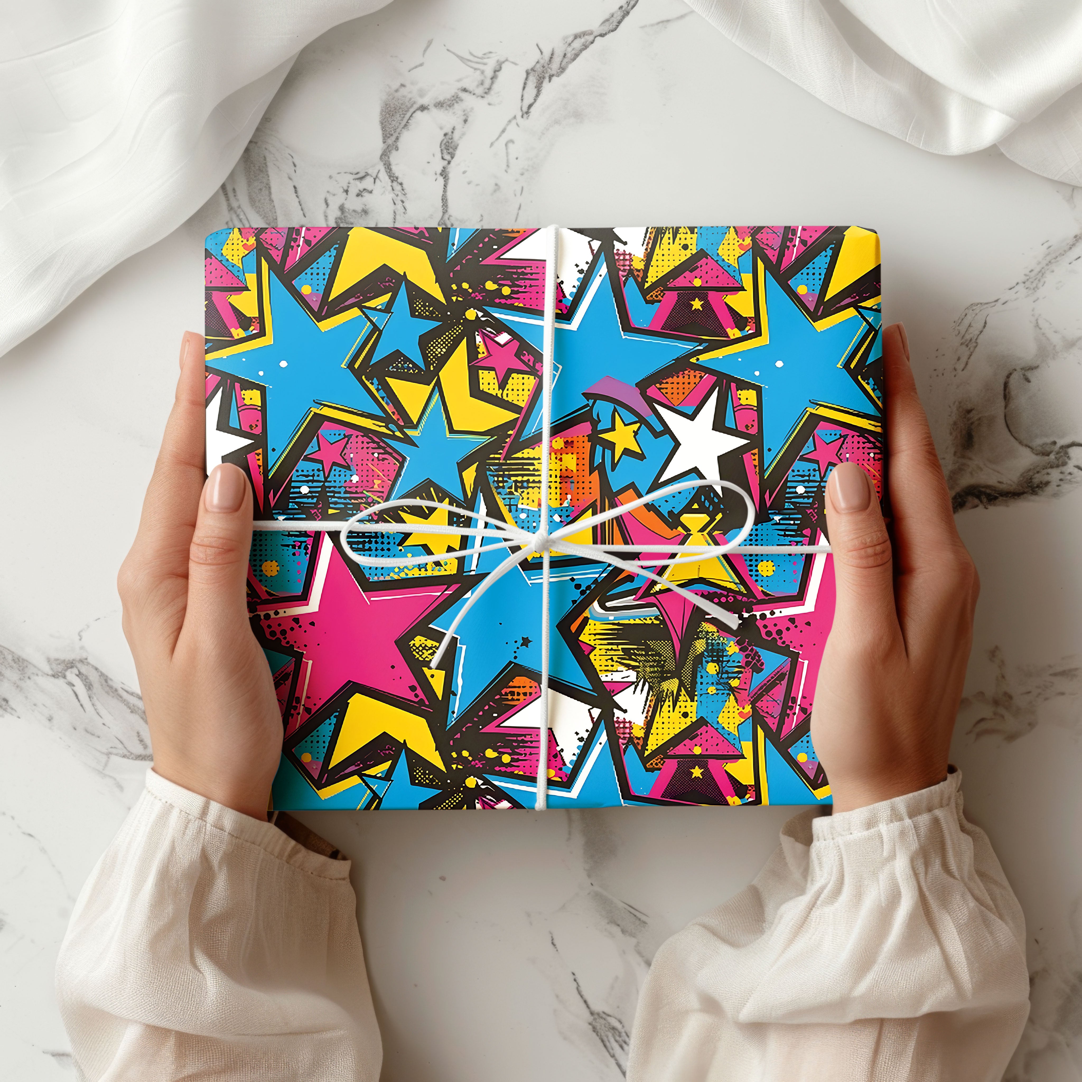 Retro Graffiti Stars Gift Wrapping Paper Sheets – Pack of 2 50x70cm