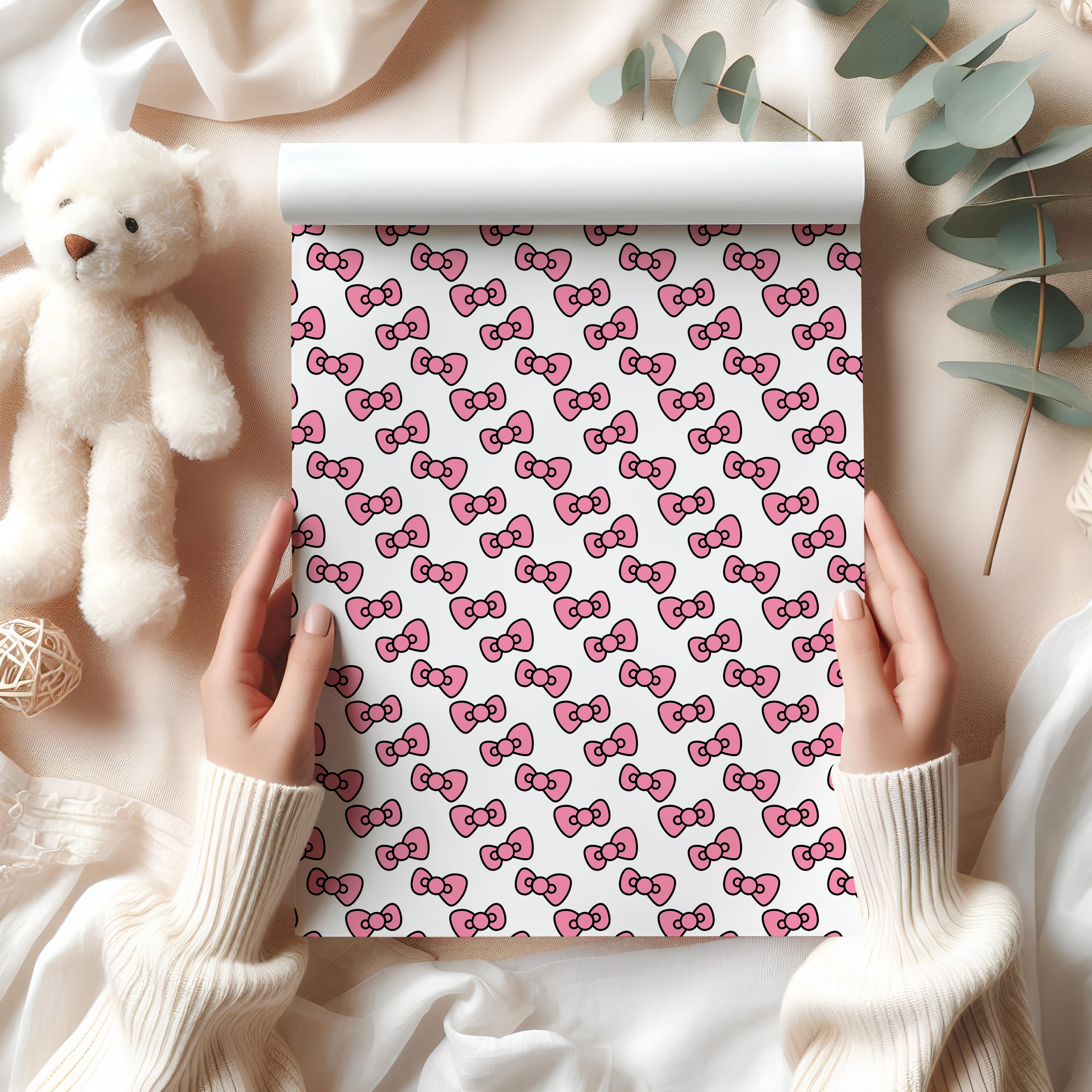 Cute Pink Bow Wrapping Paper Sheet – Adorable Gift Wrap with Bows for Girls' Birthdays, Baby Showers, or Parties, White