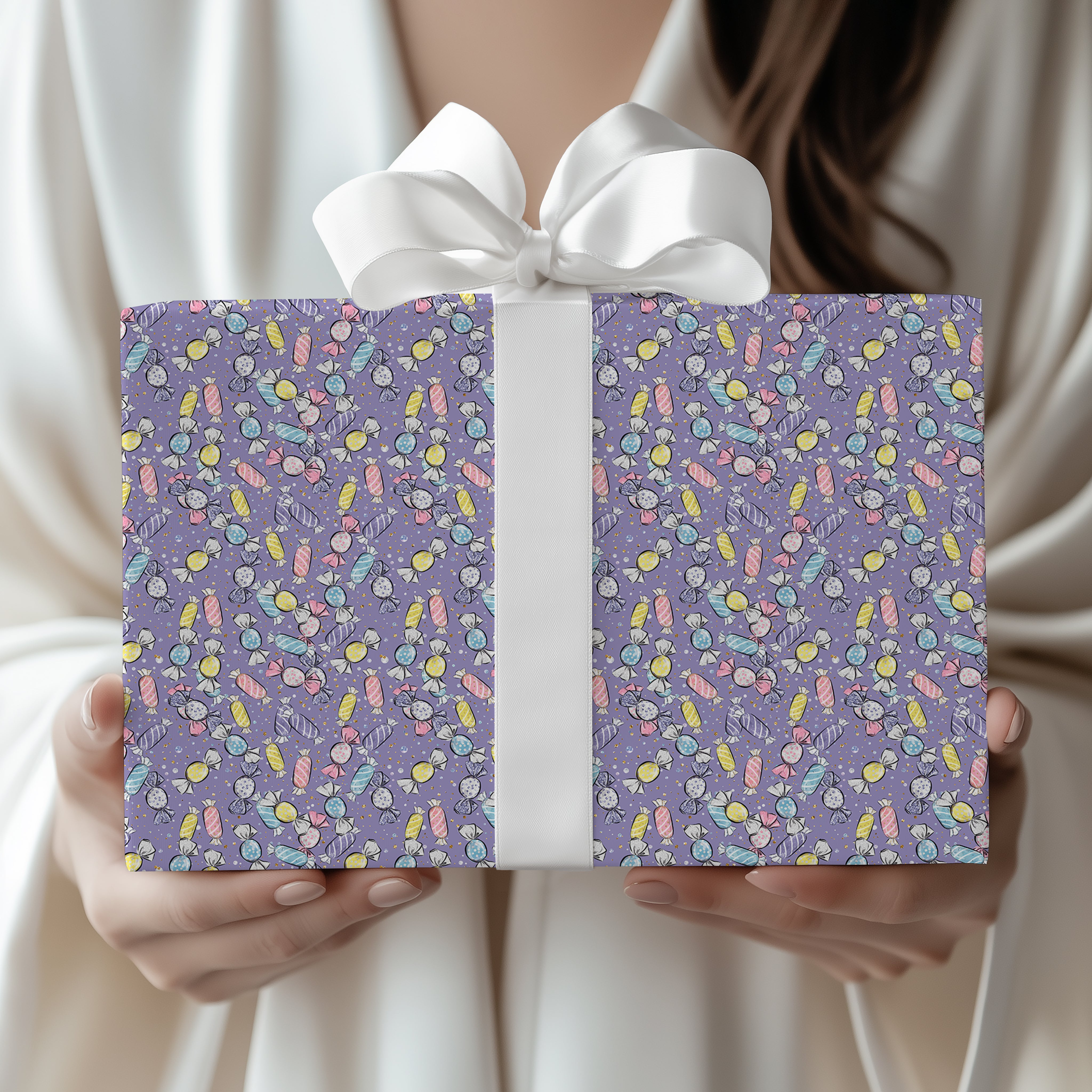 Cute Candy Wrapping Paper Sheet – Sweet Gift Wrap with Sweets and Confetti for Kids' Birthdays, Lilac