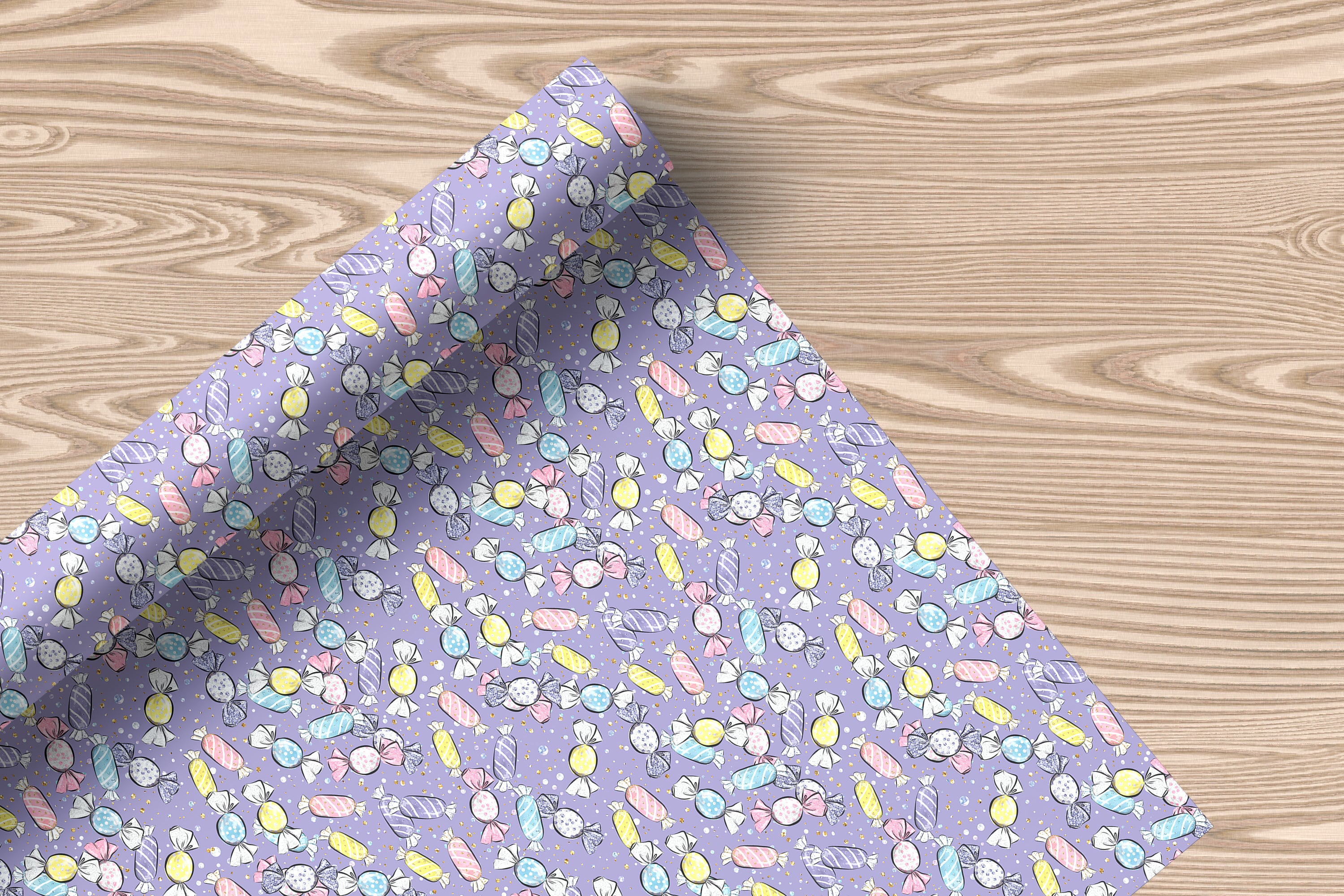 Cute Candy Wrapping Paper Sheet – Sweet Gift Wrap with Sweets and Confetti for Kids' Birthdays, Lilac