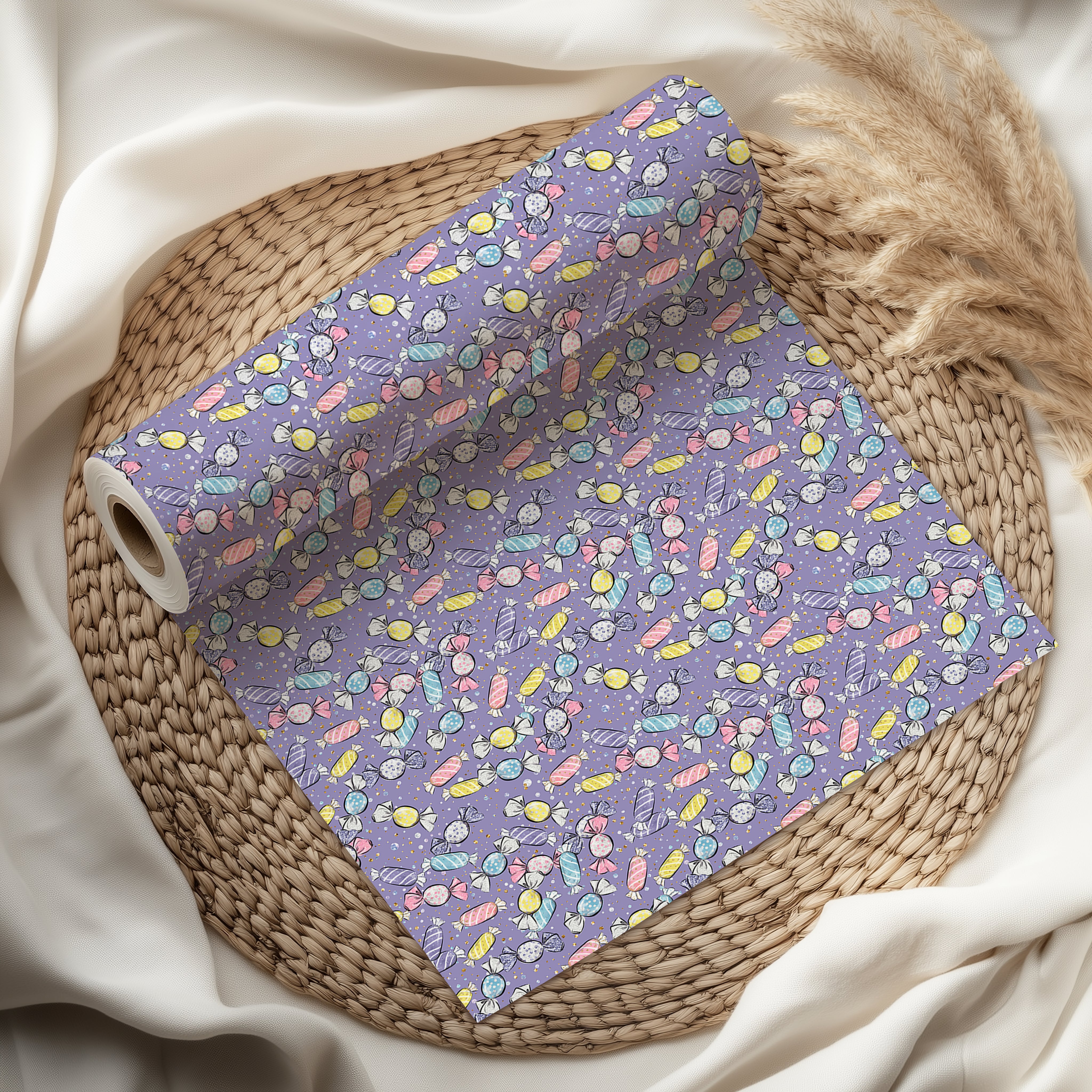 Cute Candy Wrapping Paper Sheet – Sweet Gift Wrap with Sweets and Confetti for Kids' Birthdays, Lilac