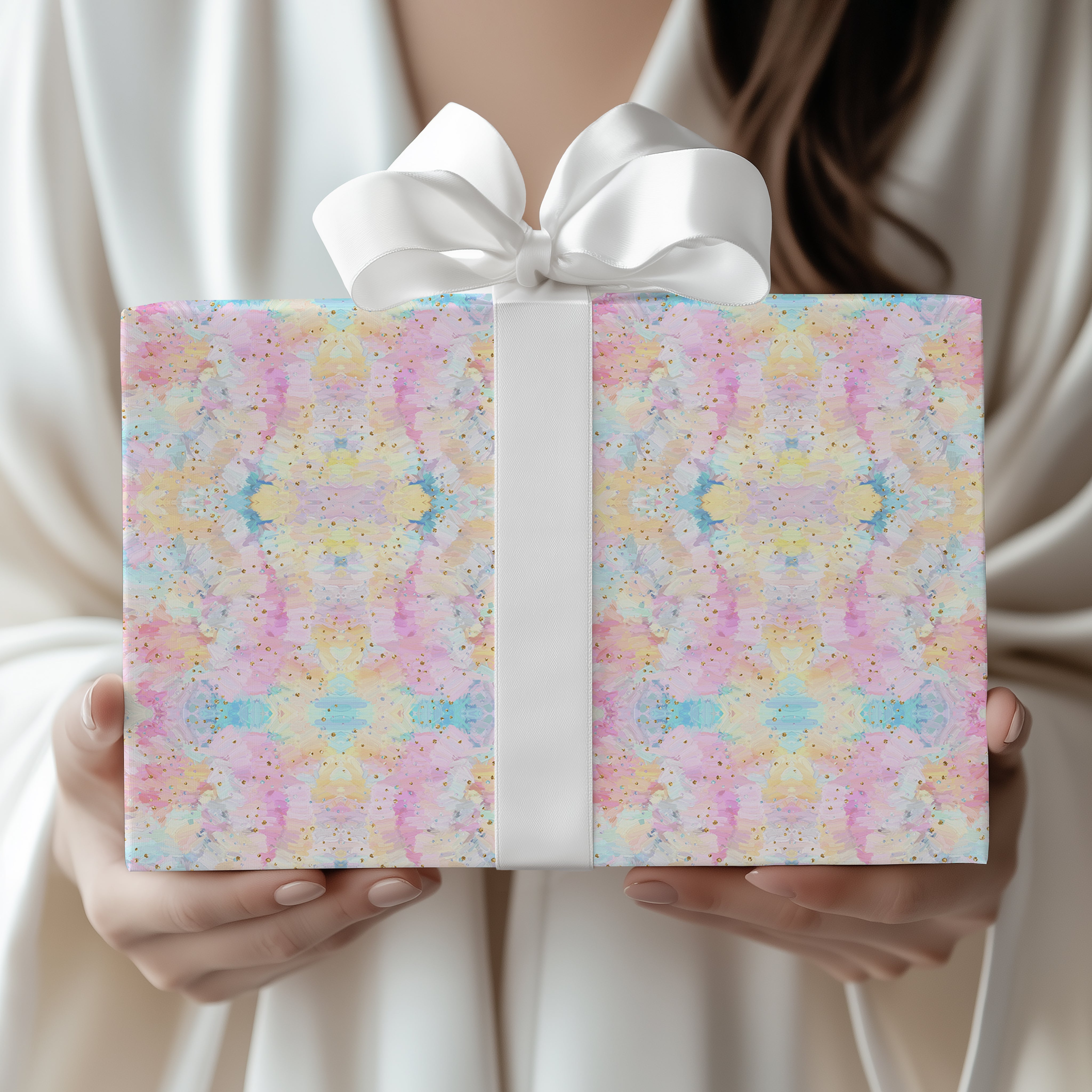 Pastel Abstract Wrapping Paper Sheet – Watercolour Gift Wrap with Gold Splatter for Birthdays, White