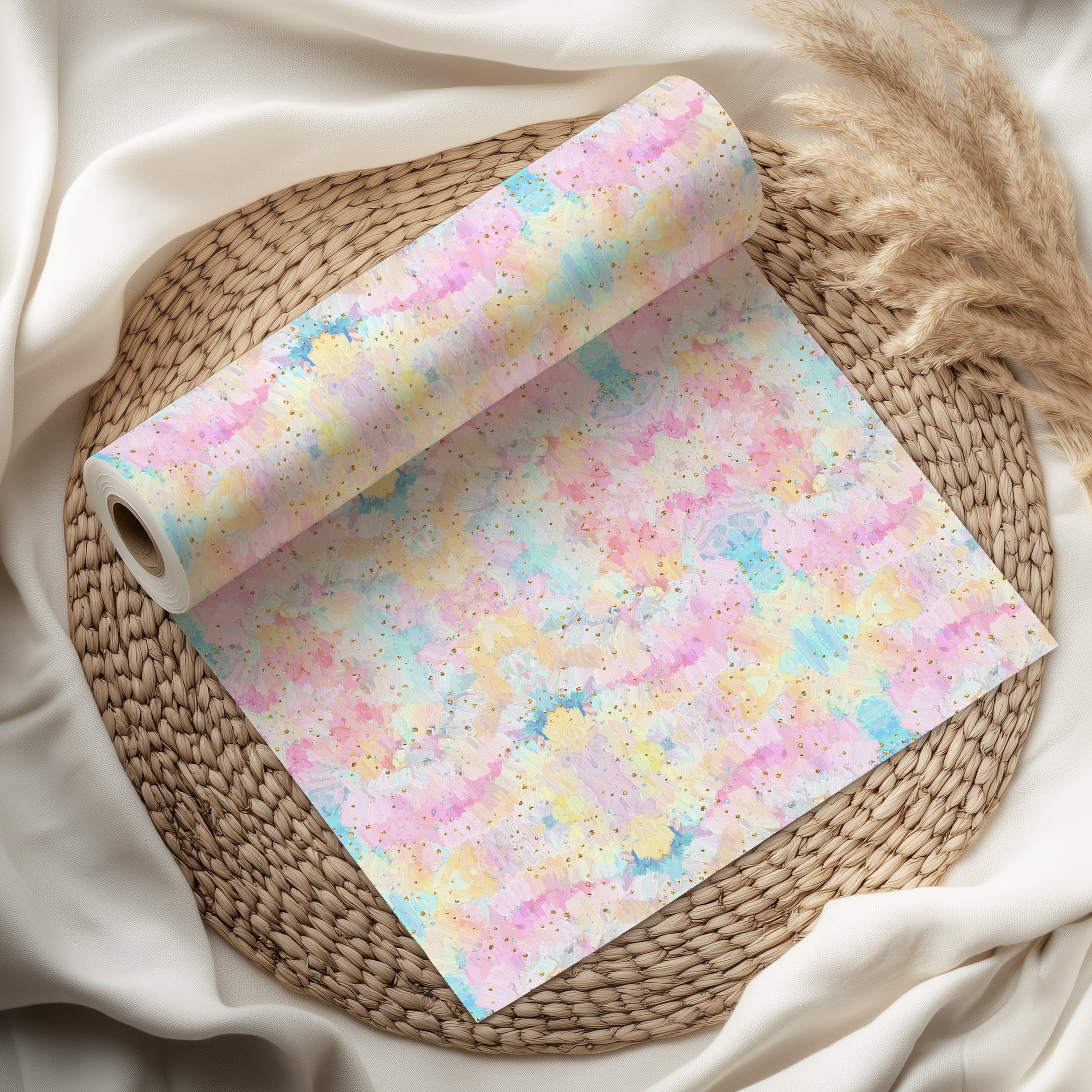 Pastel Abstract Wrapping Paper Sheet – Watercolour Gift Wrap with Gold Splatter for Birthdays, White