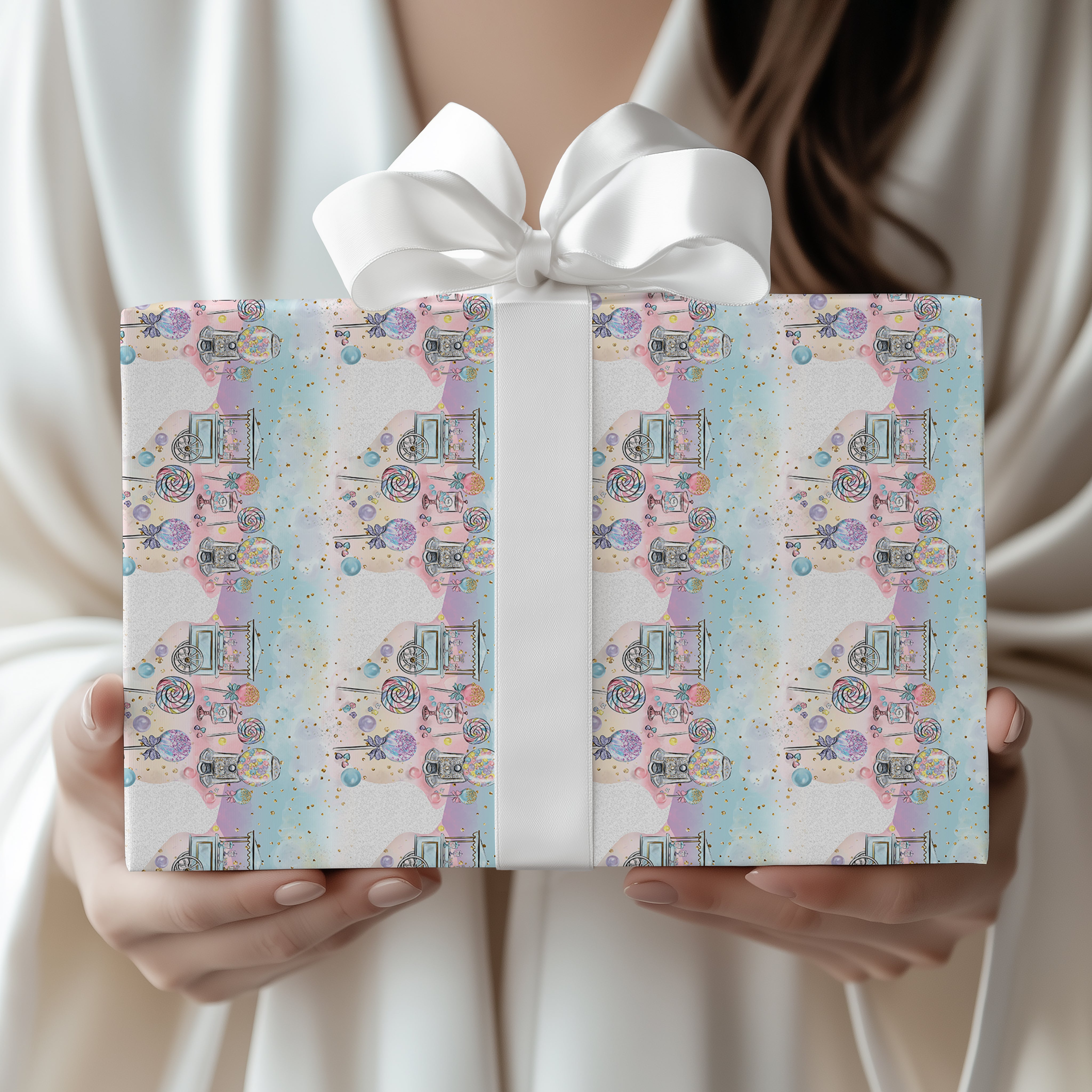 Sweets Cart Wrapping Paper Sheet – Pastel Watercolour Gift Wrap for Kids' Parties, Multicolour