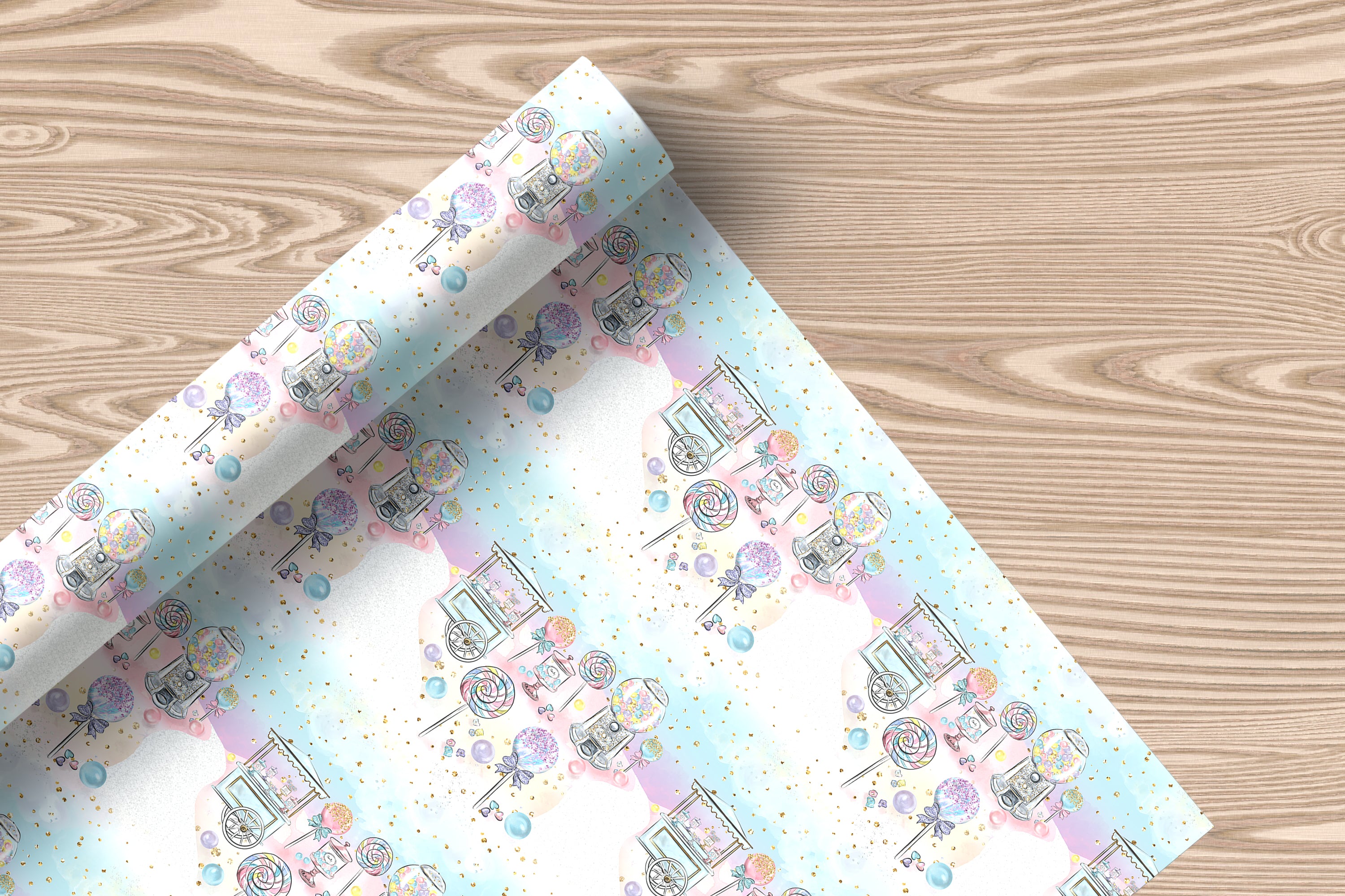 Sweets Cart Wrapping Paper Sheet – Pastel Watercolour Gift Wrap for Kids' Parties, Multicolour