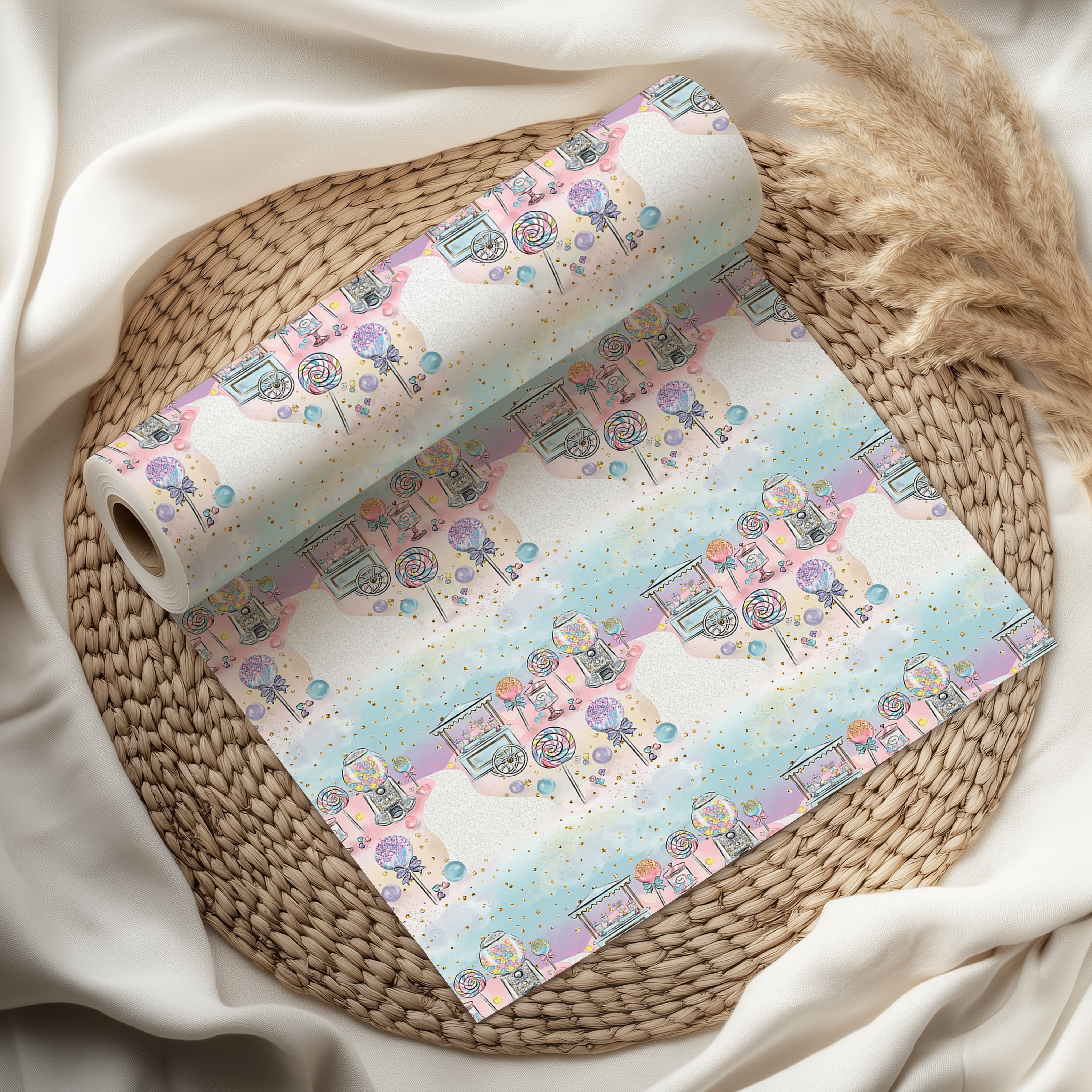 Sweets Cart Wrapping Paper Sheet – Pastel Watercolour Gift Wrap for Kids' Parties, Multicolour