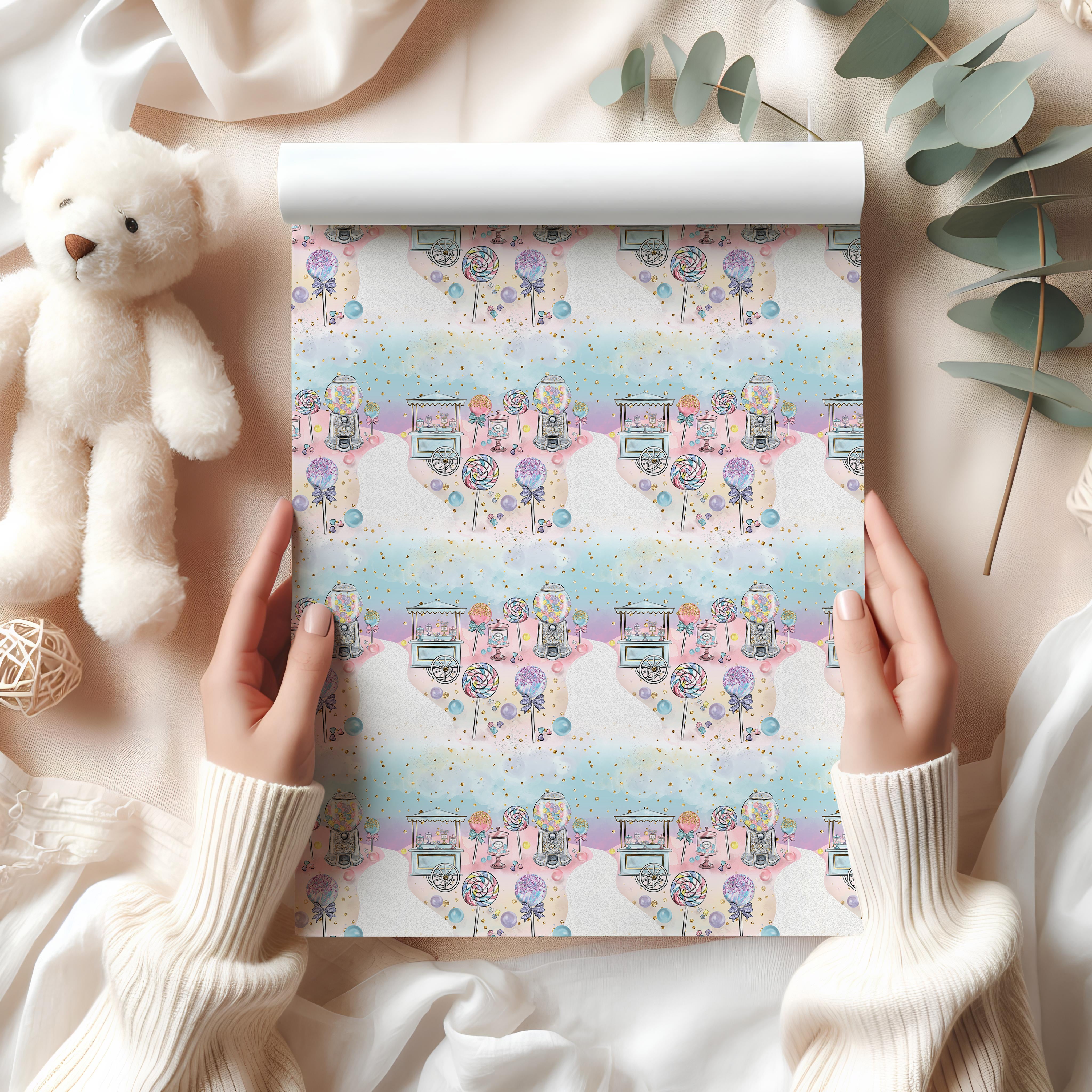 Sweets Cart Wrapping Paper Sheet – Pastel Watercolour Gift Wrap for Kids' Parties, Multicolour