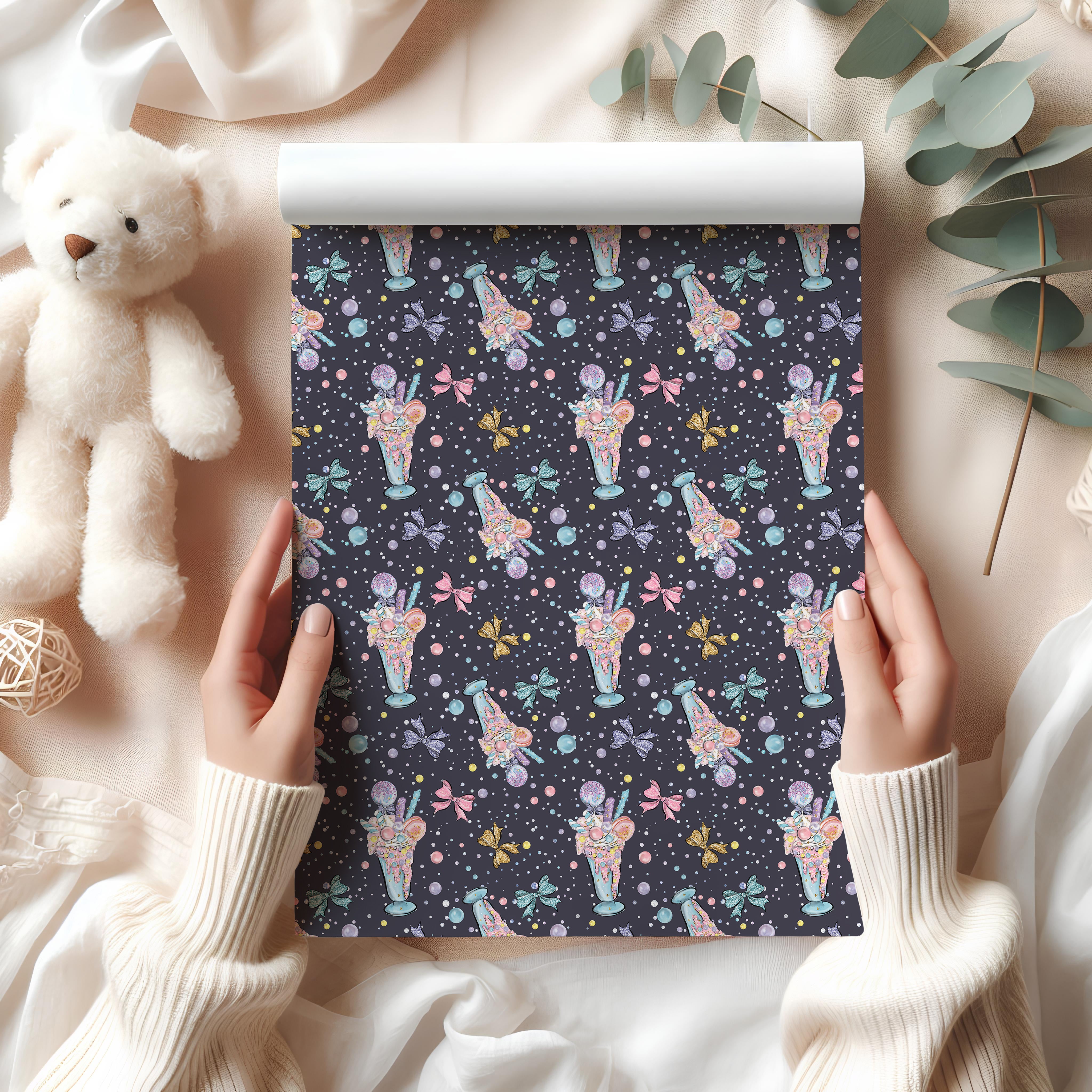 Ice Cream Sundae Wrapping Paper Sheet – Adorable Gift Wrap for Birthdays, Dark Grey