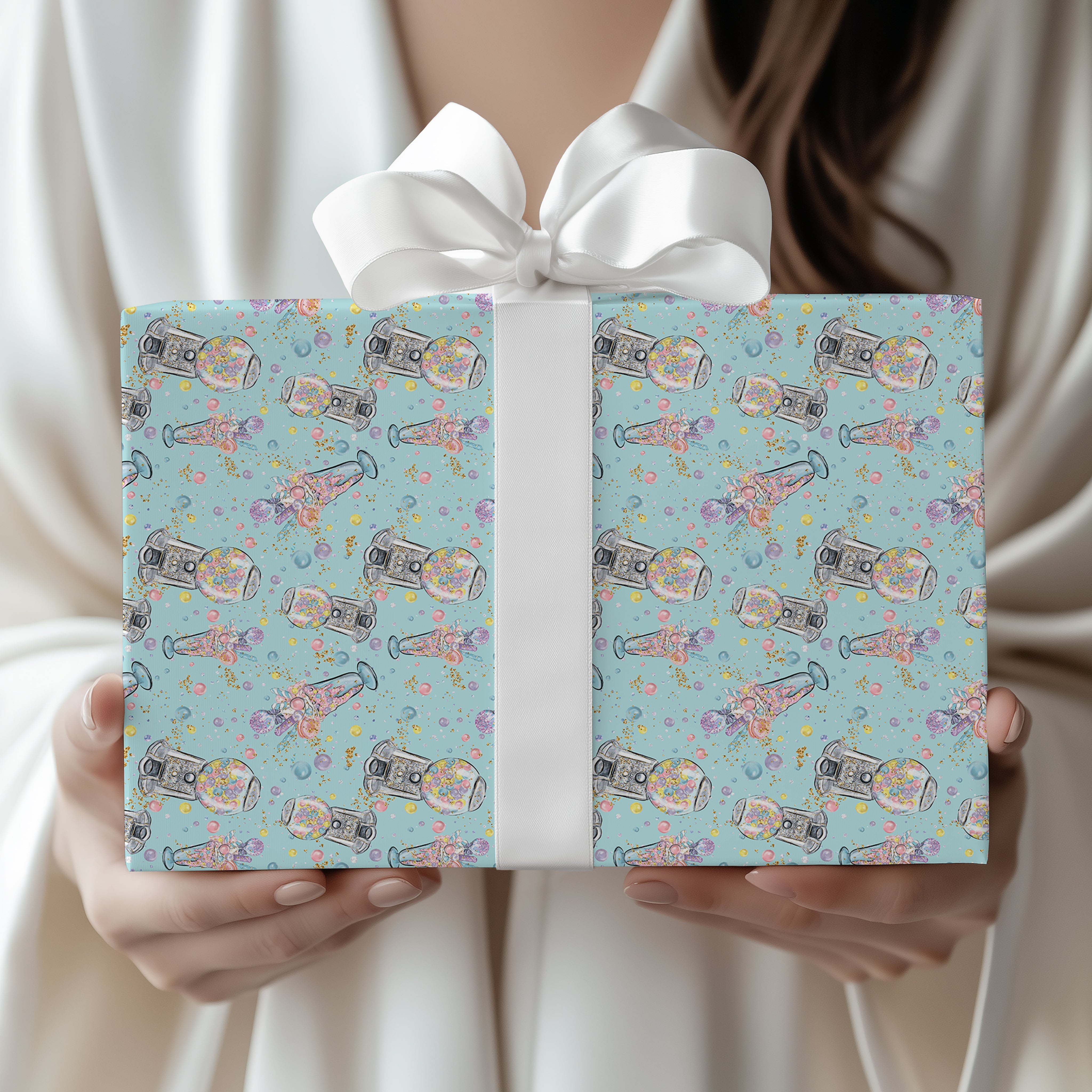Cute Gumball Machine Wrapping Paper Sheet – Pastel Gift Wrap for Kids' Birthdays and Candy-Themed Parties, Light Blue