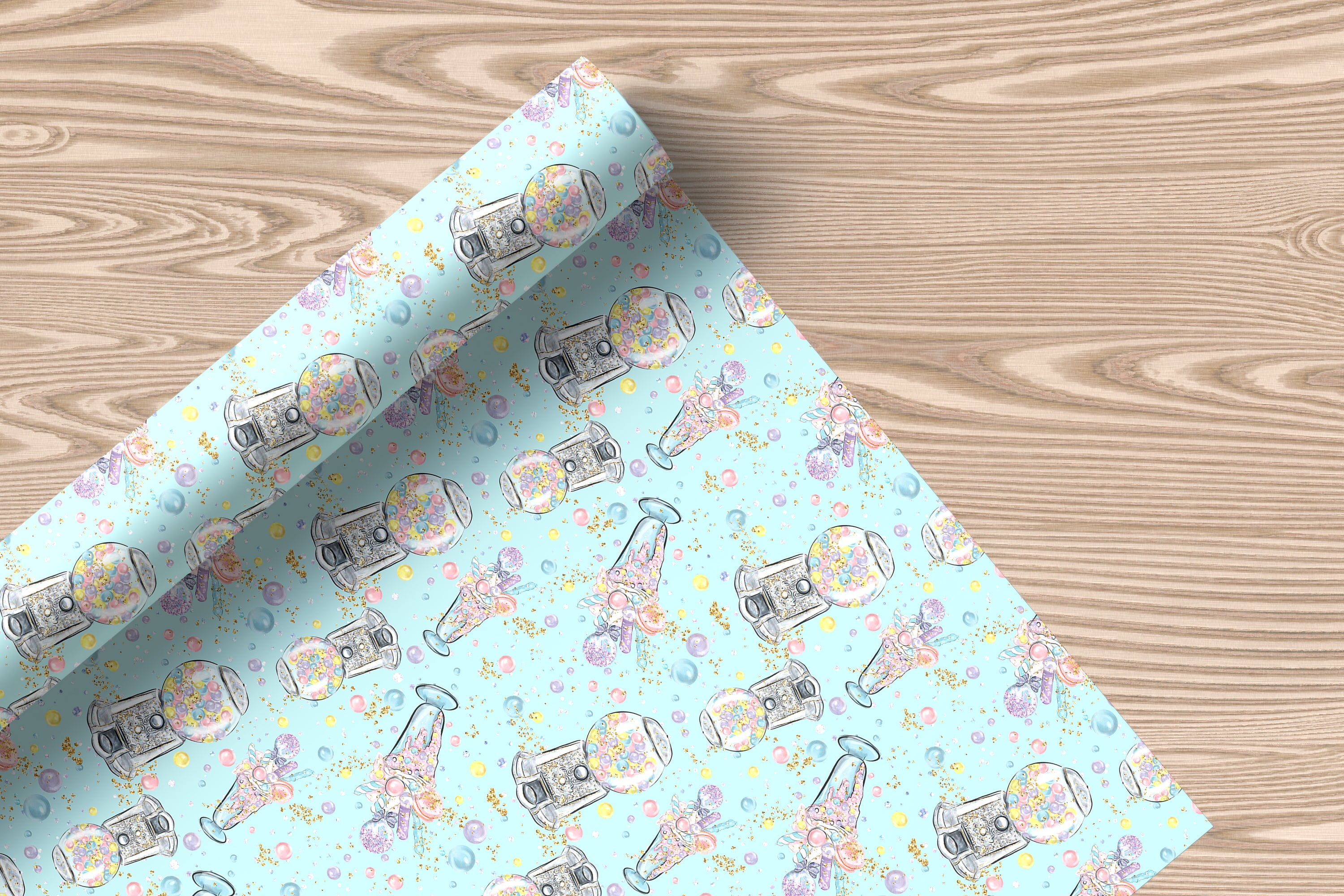 Cute Gumball Machine Wrapping Paper Sheet – Pastel Gift Wrap for Kids' Birthdays and Candy-Themed Parties, Light Blue