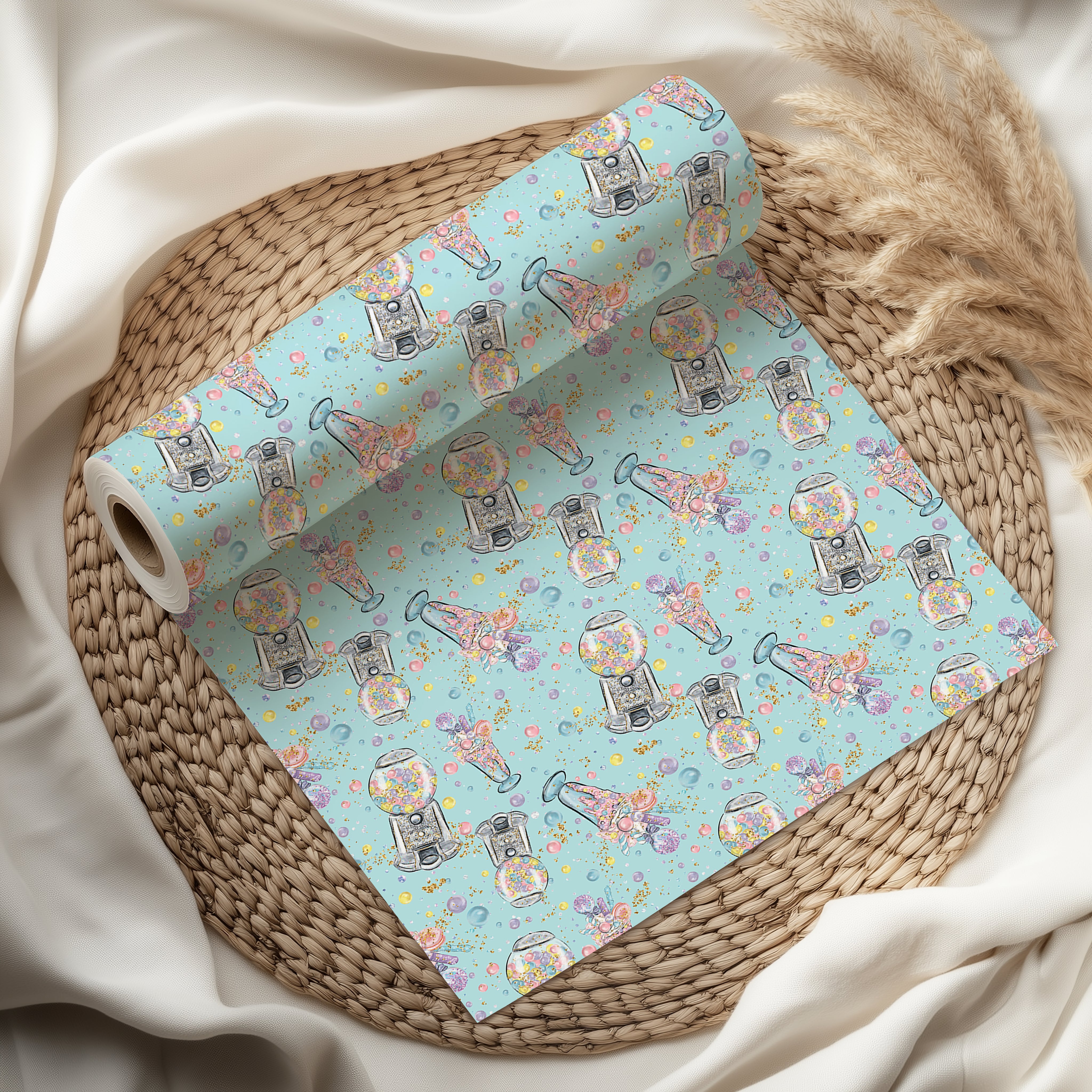 Cute Gumball Machine Wrapping Paper Sheet – Pastel Gift Wrap for Kids' Birthdays and Candy-Themed Parties, Light Blue