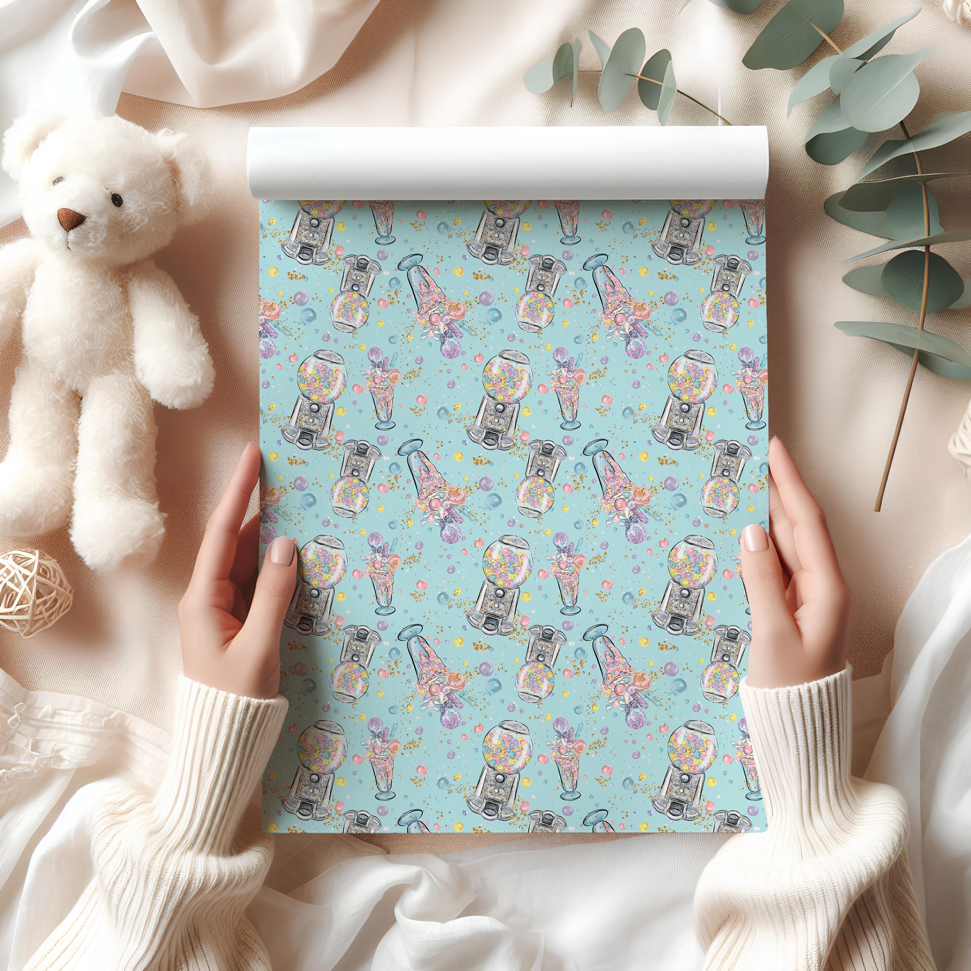 Cute Gumball Machine Wrapping Paper Sheet – Pastel Gift Wrap for Kids' Birthdays and Candy-Themed Parties, Light Blue