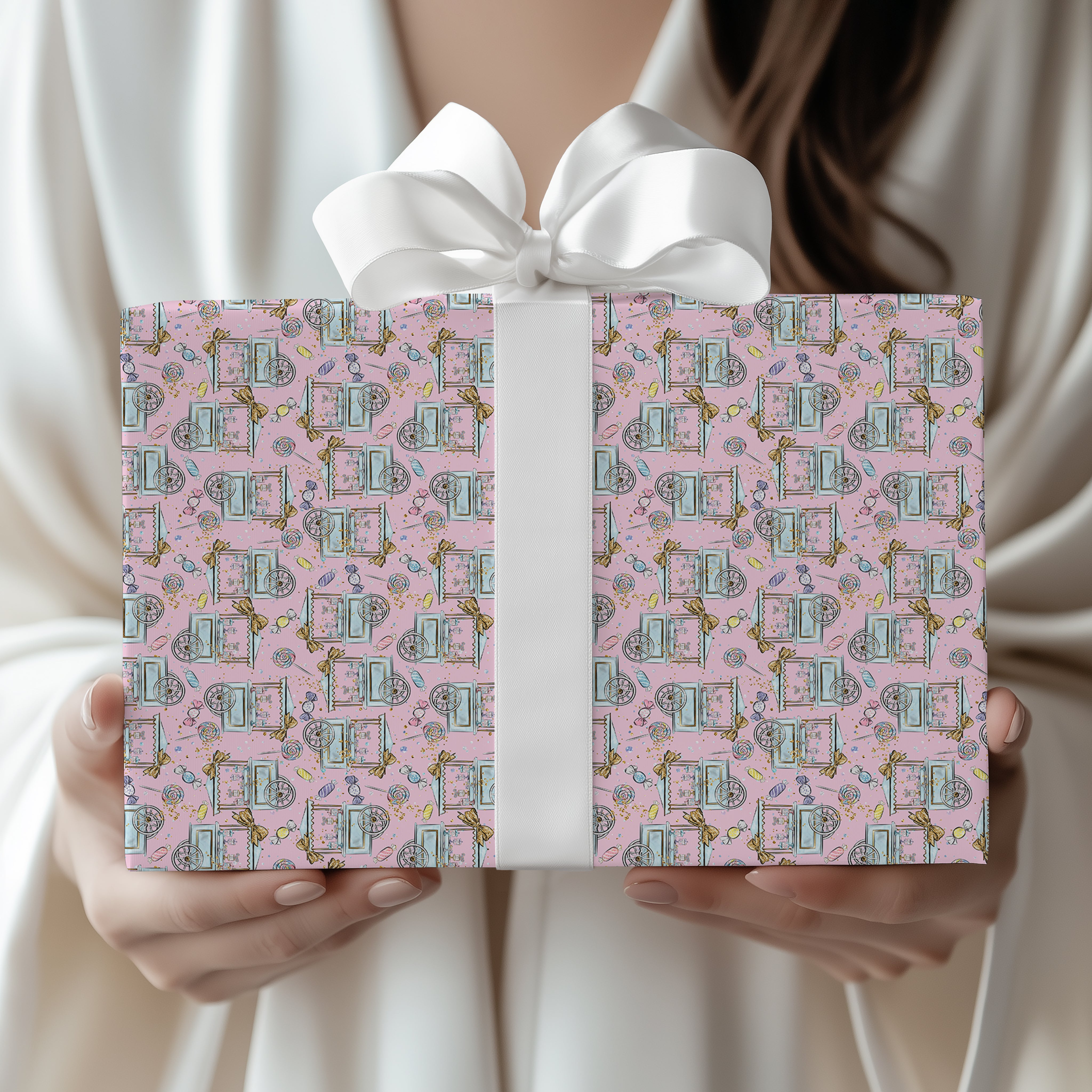 Sweets Cart Wrapping Paper Sheet – Pastel Watercolour Gift Wrap for Kids' Parties, Pastel Pink