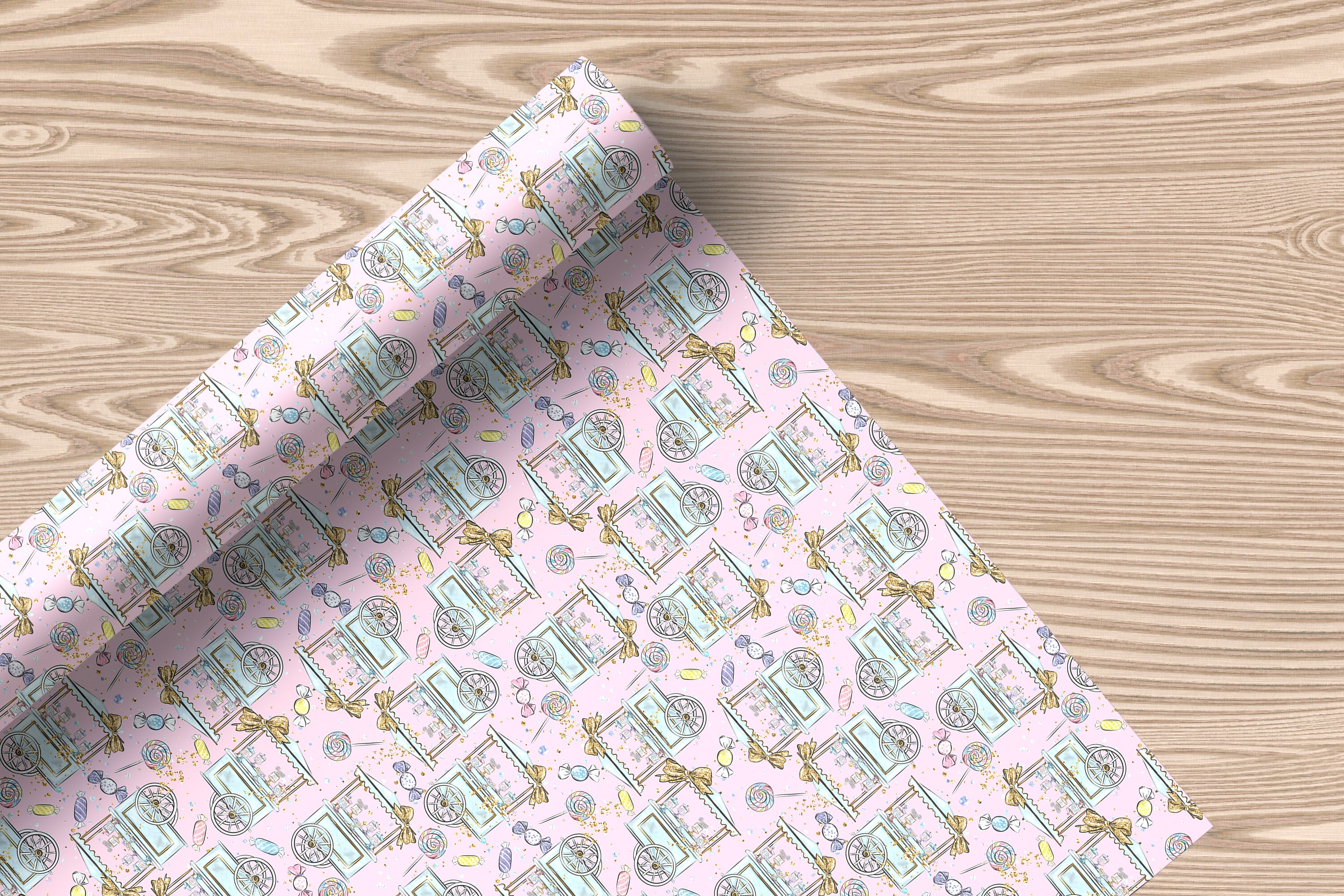 Sweets Cart Wrapping Paper Sheet – Pastel Watercolour Gift Wrap for Kids' Parties, Pastel Pink