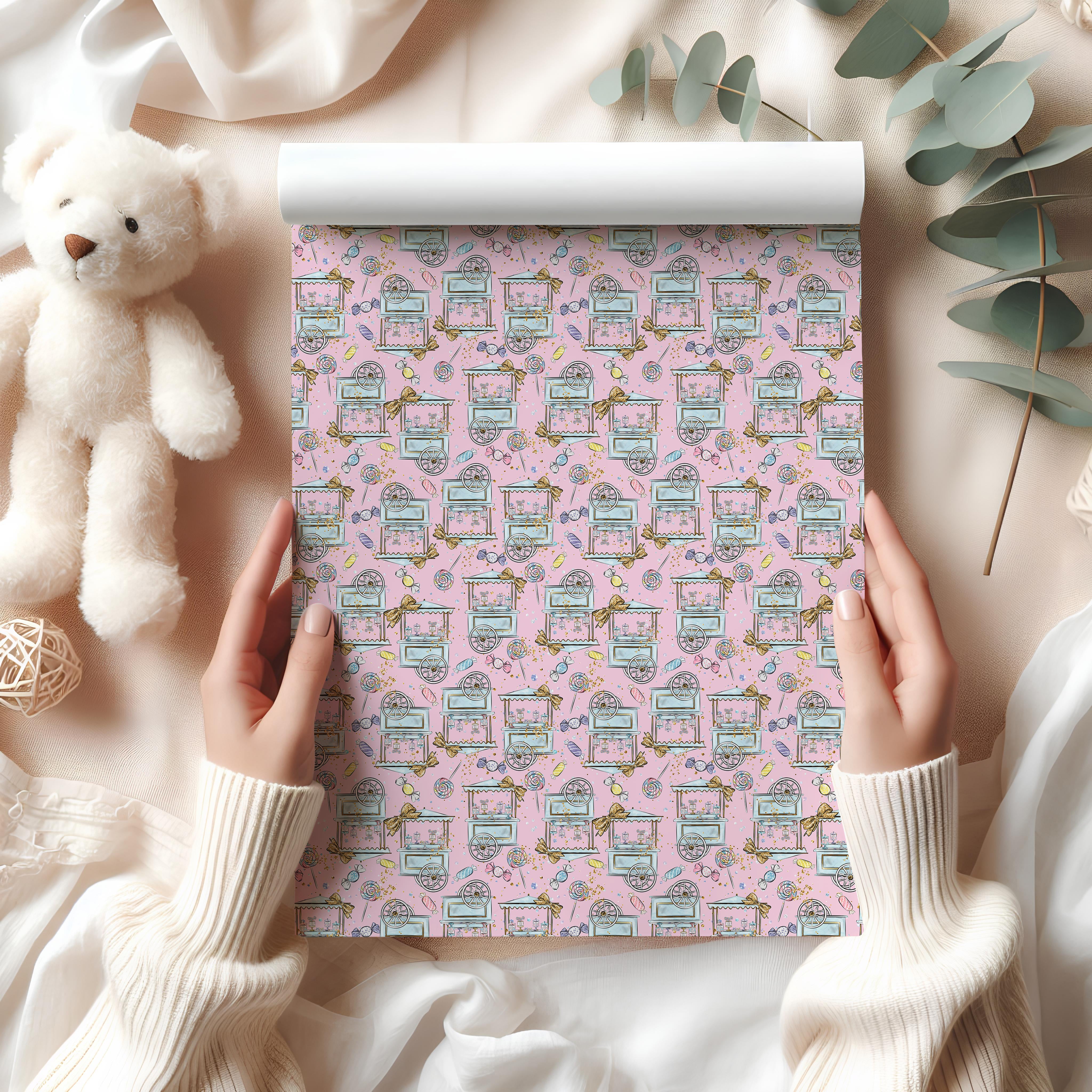 Sweets Cart Wrapping Paper Sheet – Pastel Watercolour Gift Wrap for Kids' Parties, Pastel Pink