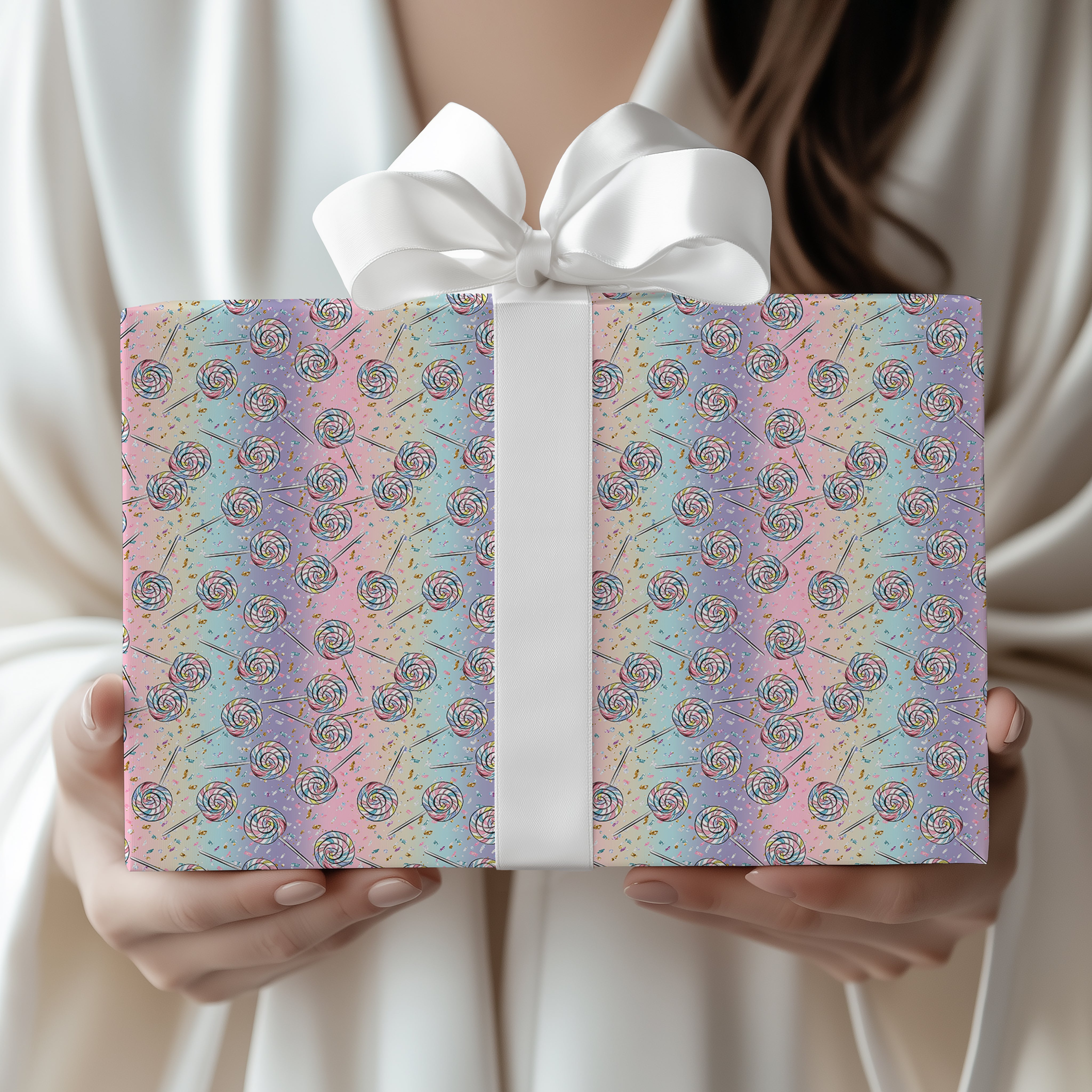 Lollipop Wrapping Paper Sheet – Pastel Gift Wrap with Lollipops and Confetti for Kids' Birthdays, Multicolour