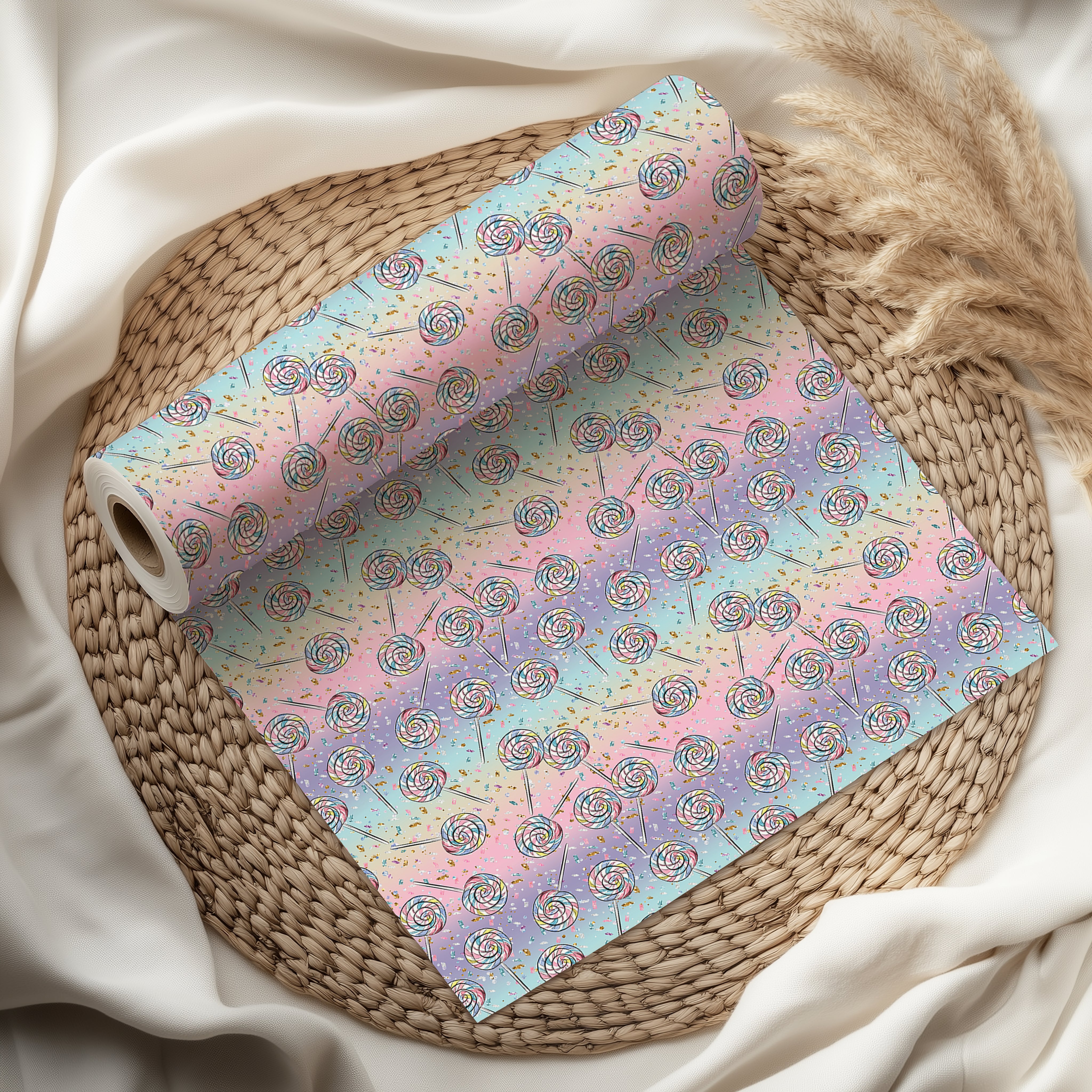 Lollipop Wrapping Paper Sheet – Pastel Gift Wrap with Lollipops and Confetti for Kids' Birthdays, Multicolour