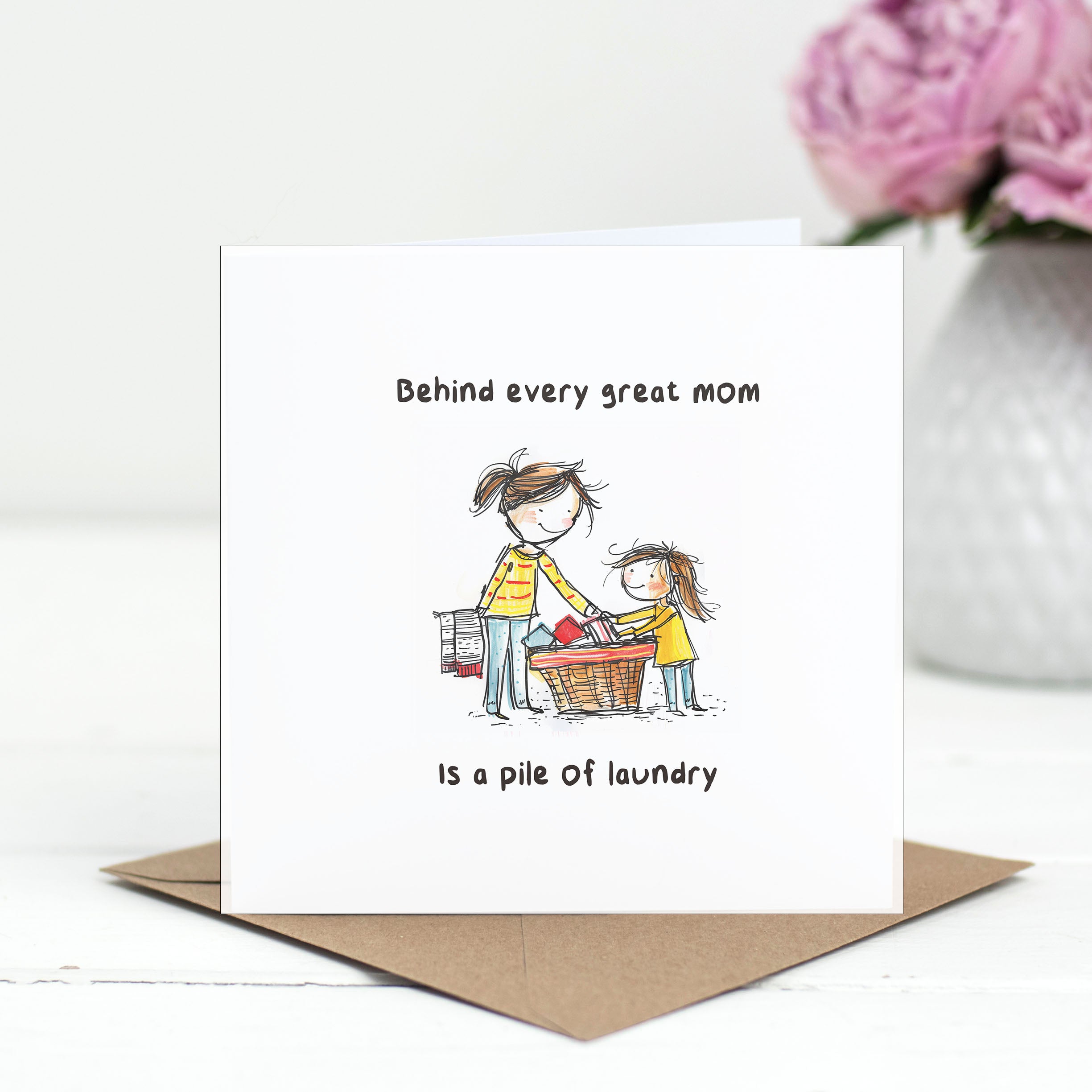Funny Mum Card – "Behind Every Great Mum is a Pile of Laundry" – Humorous Cartoon Illustration