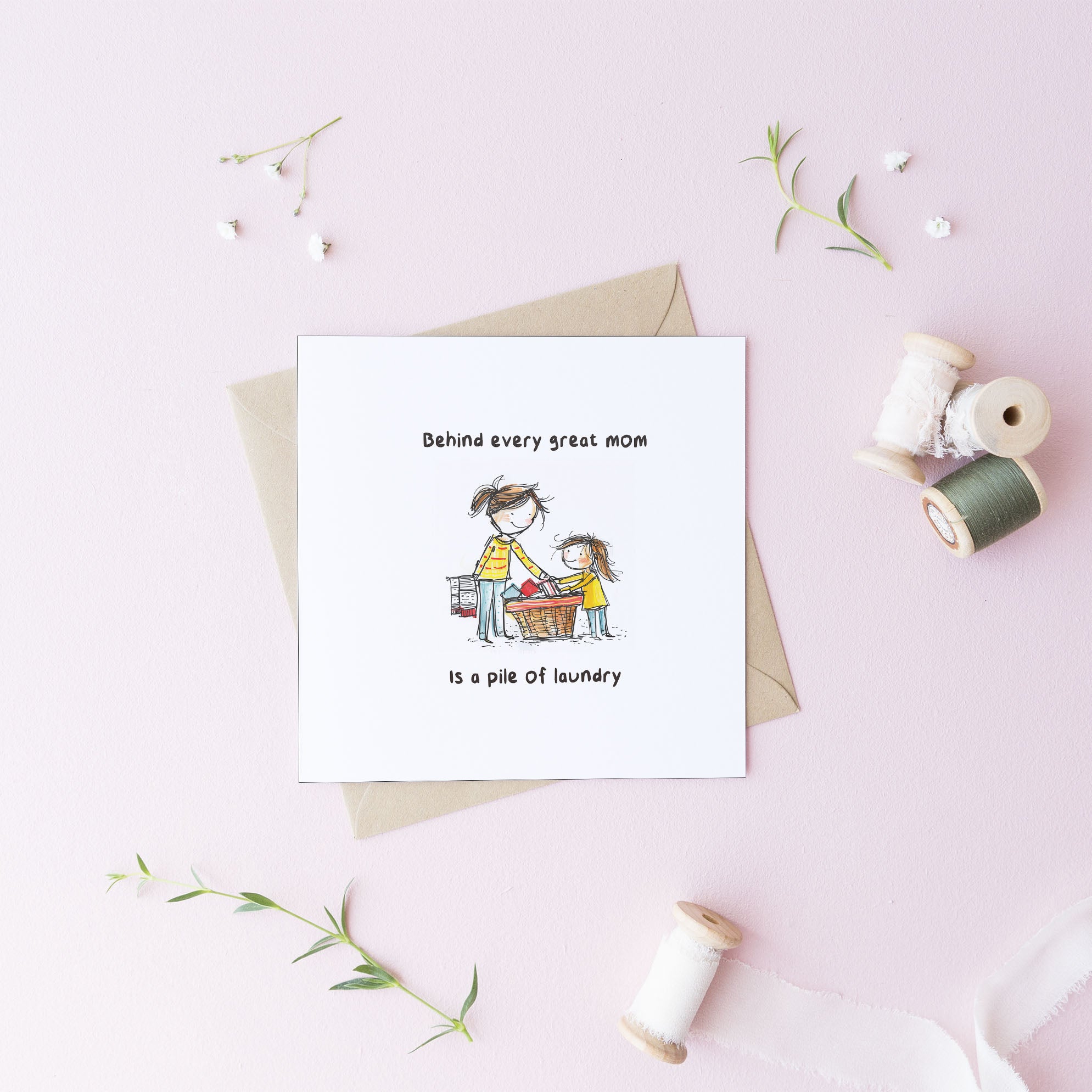 Funny Mum Card – "Behind Every Great Mum is a Pile of Laundry" – Humorous Cartoon Illustration
