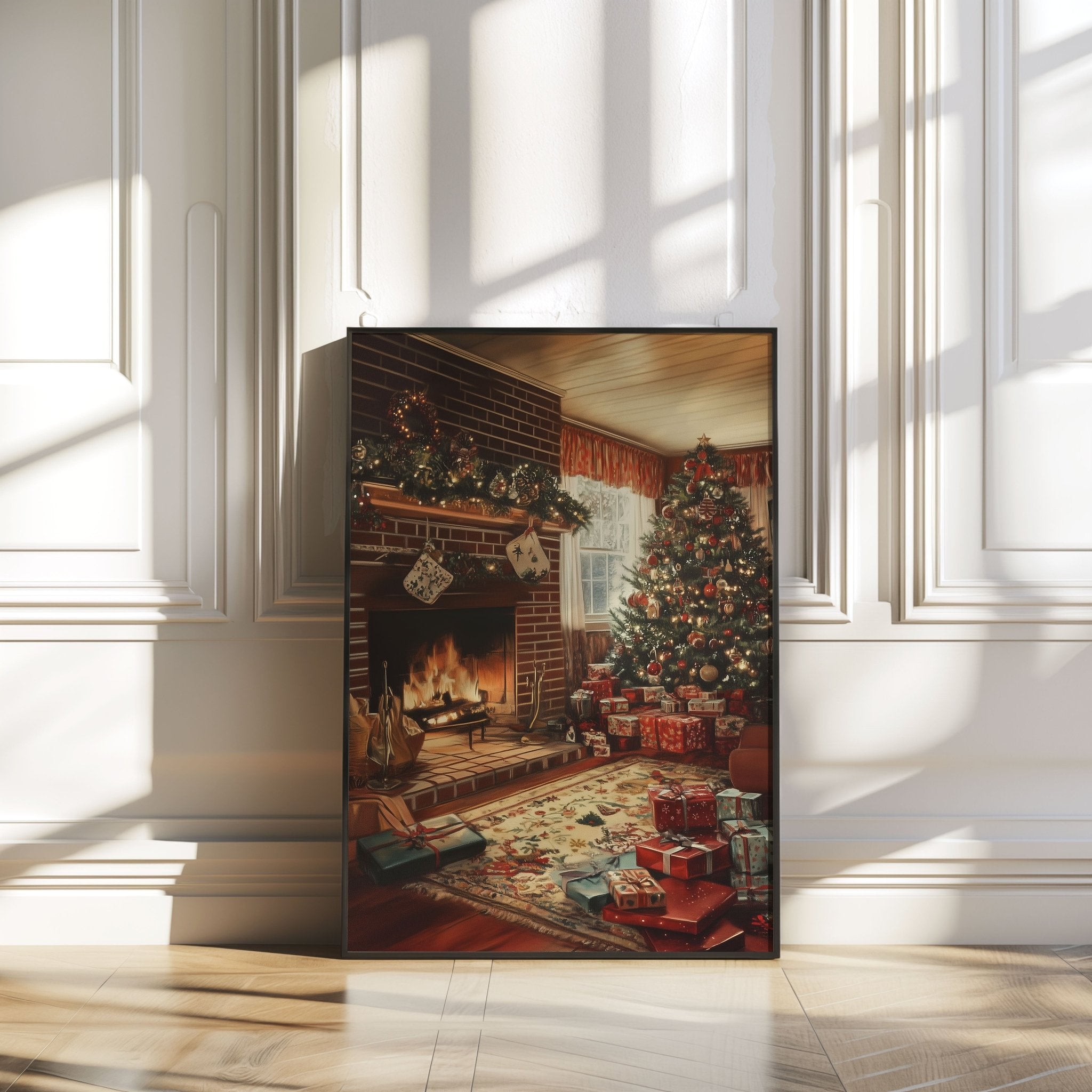 Christmas Scene Wall Print Poster Art Christmas Print Warm Fireplace Christmas Tree Setting - House of Binky