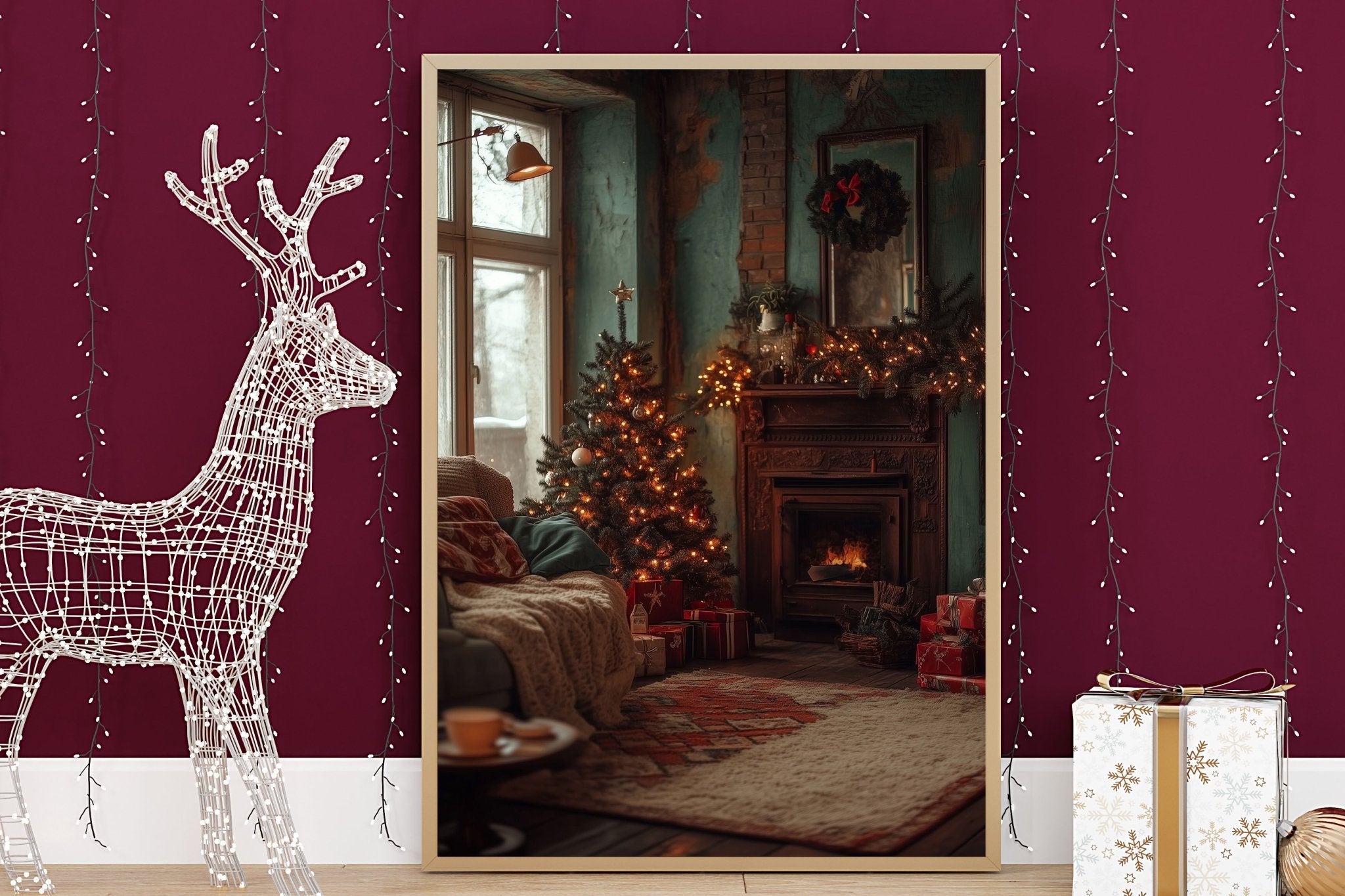 Christmas Scene Wall Print Poster Art Christmas Print Warm Fireplace Christmas Tree Setting - House of Binky