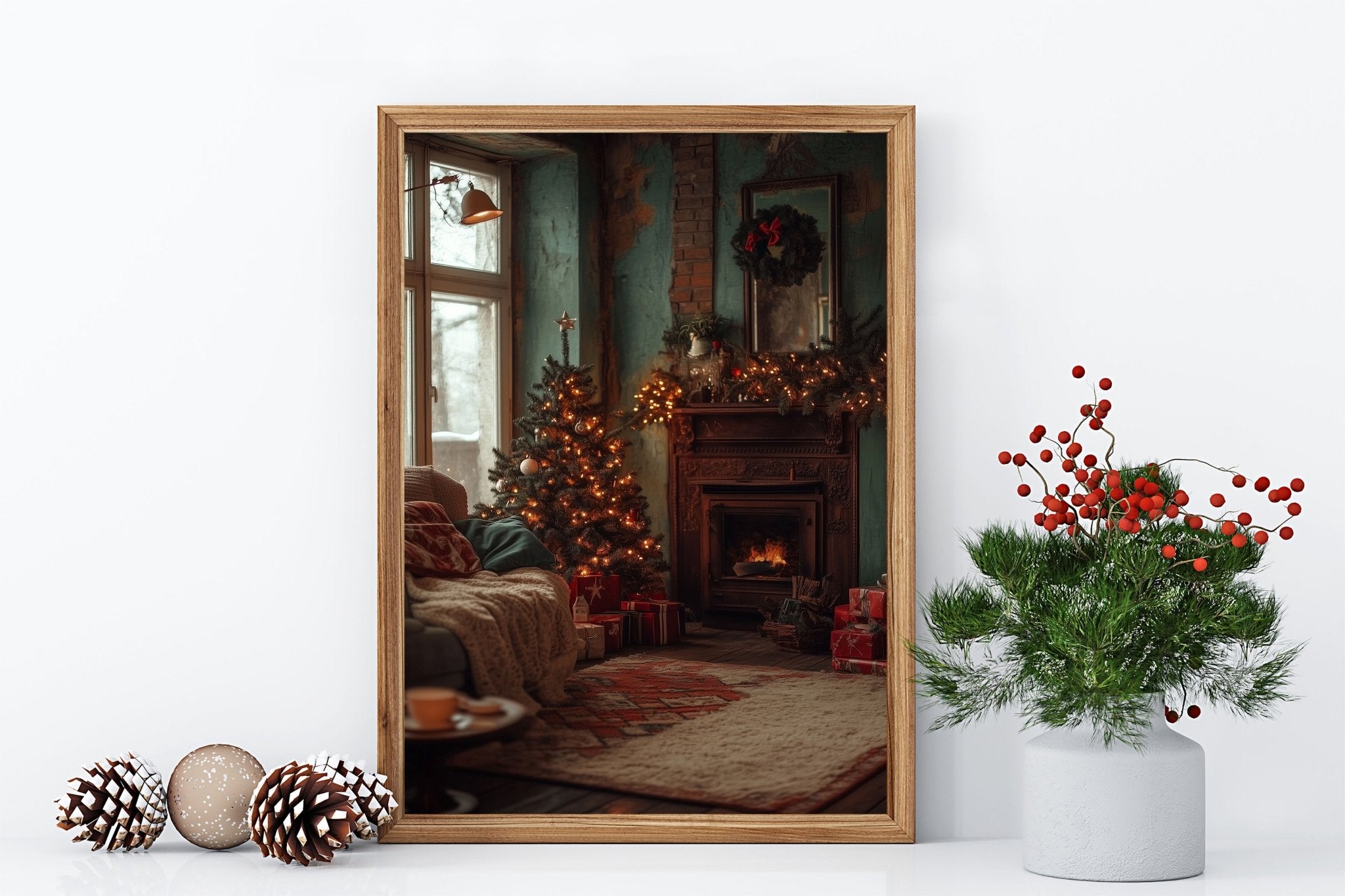 Christmas Scene Wall Print Poster Art Christmas Print Warm Fireplace Christmas Tree Setting - House of Binky