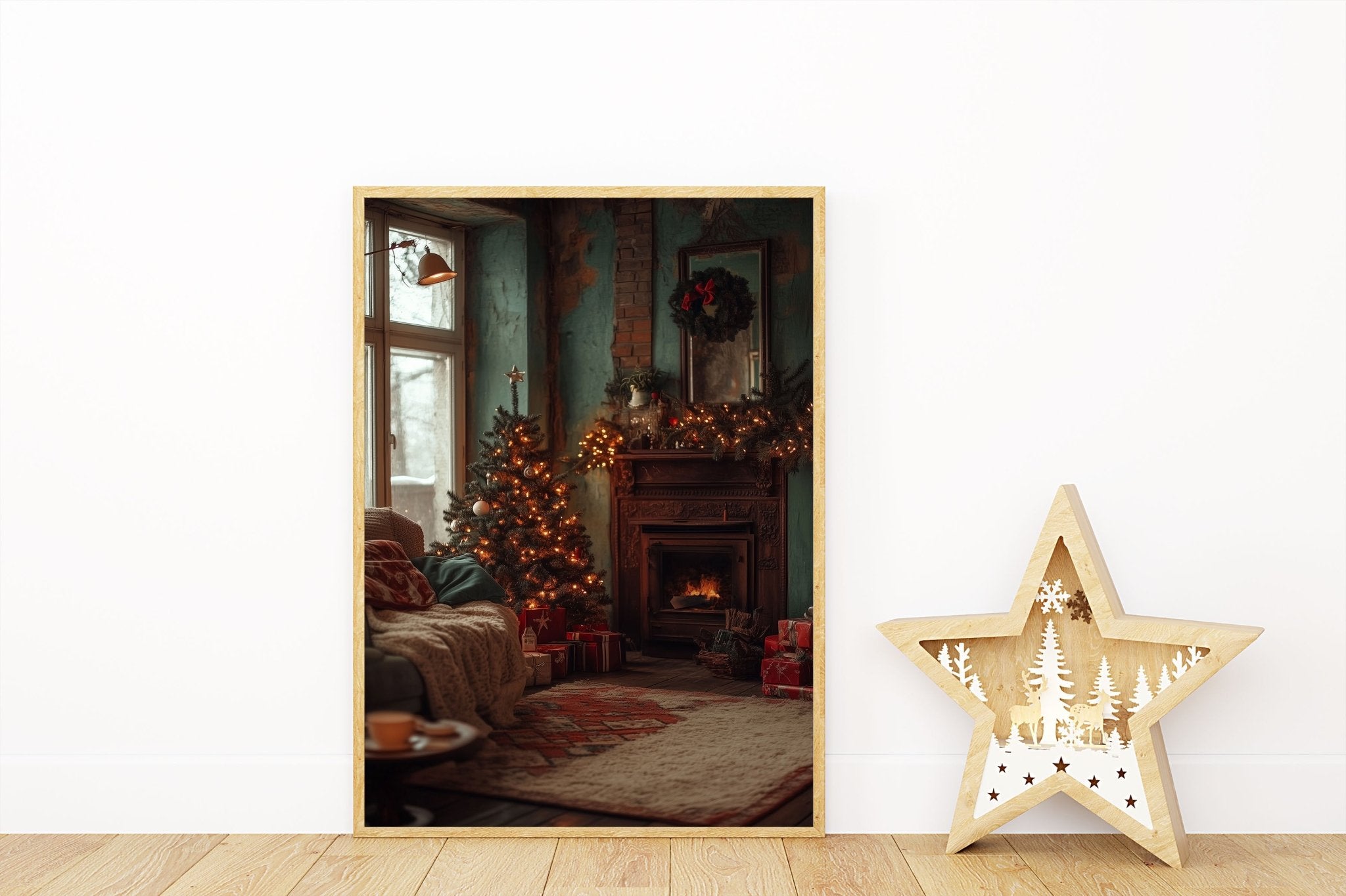 Christmas Scene Wall Print Poster Art Christmas Print Warm Fireplace Christmas Tree Setting - House of Binky