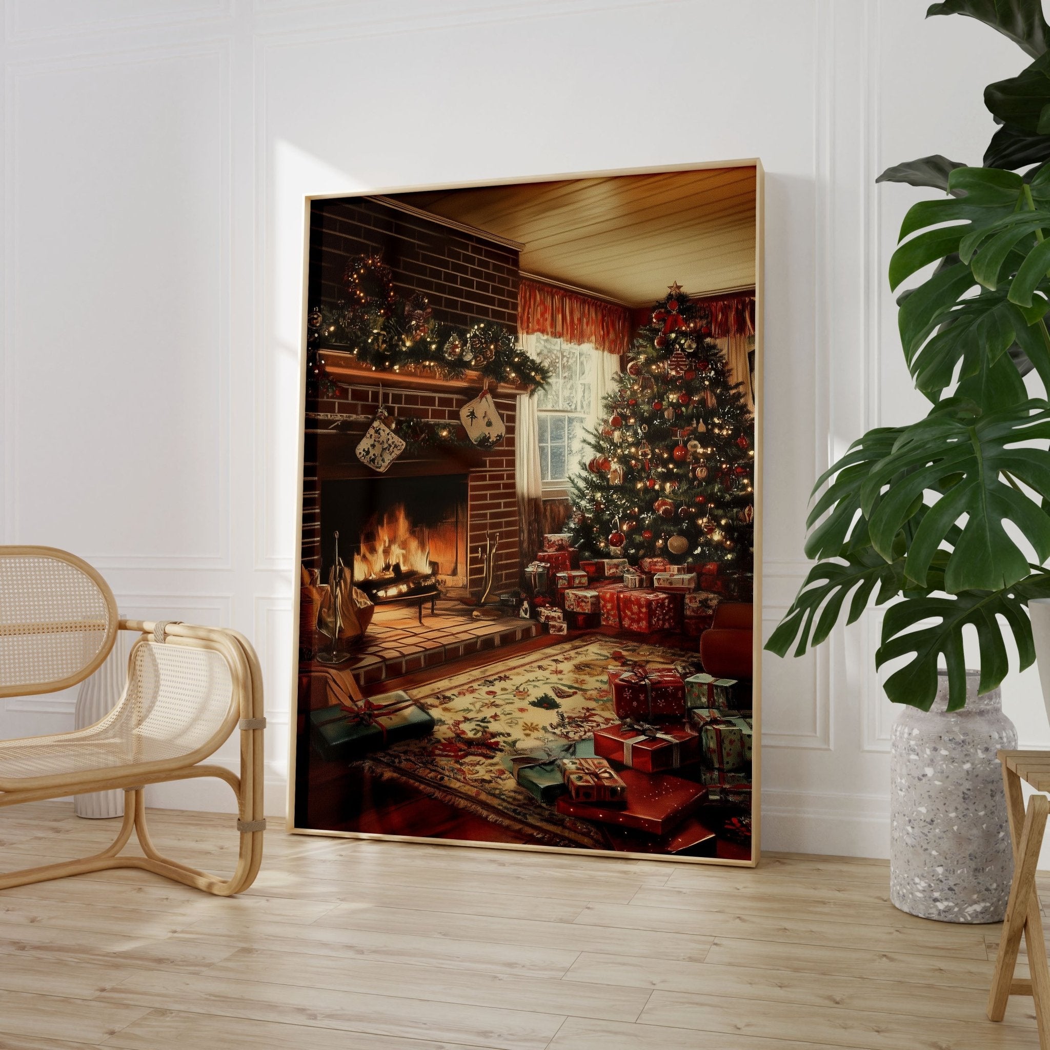 Christmas Scene Wall Print Poster Art Christmas Print Warm Fireplace Christmas Tree Setting - House of Binky