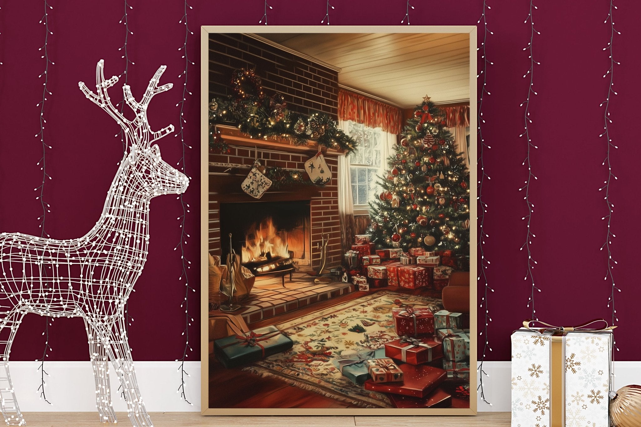 Christmas Scene Wall Print Poster Art Christmas Print Warm Fireplace Christmas Tree Setting - House of Binky