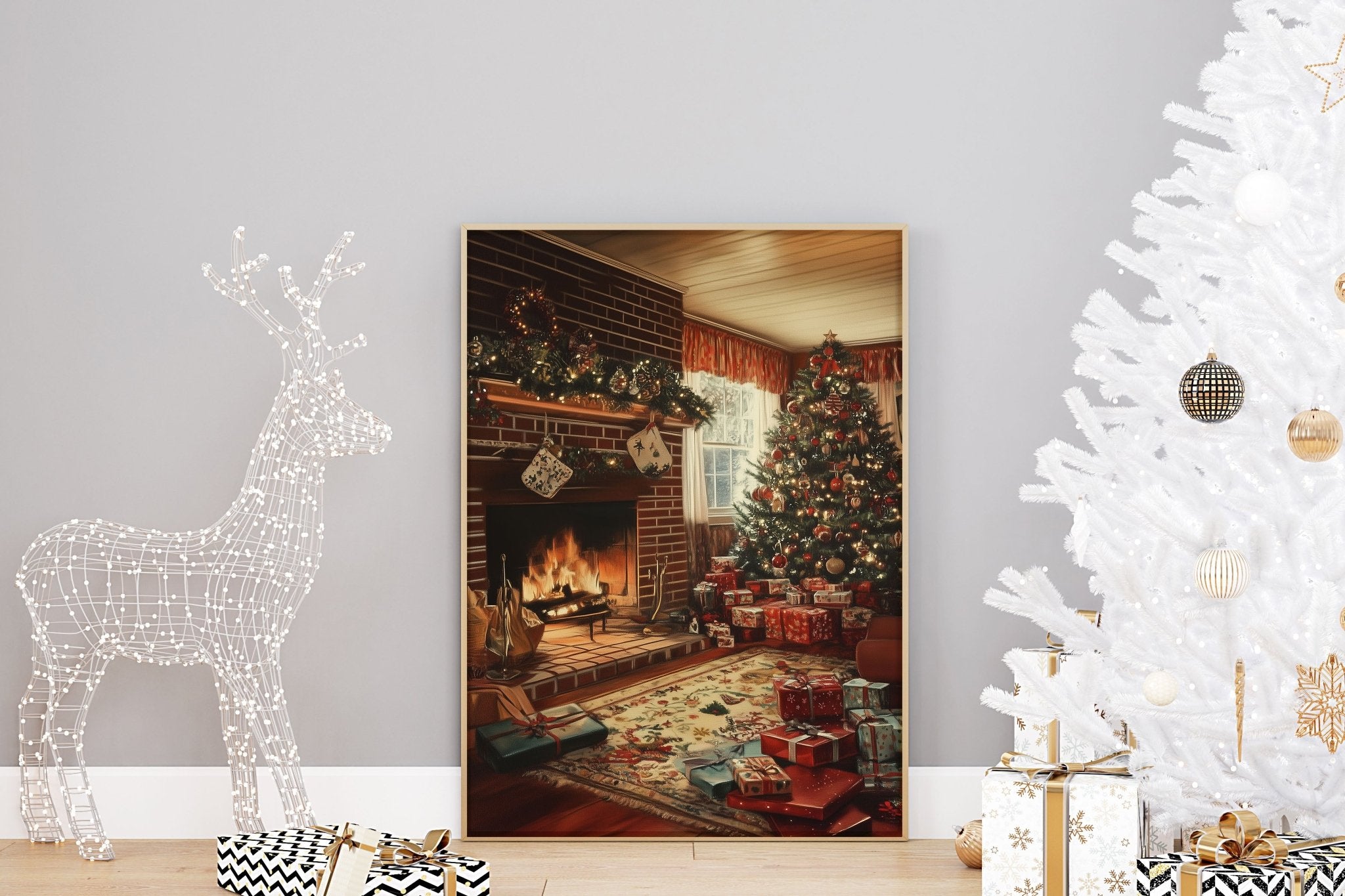 Christmas Scene Wall Print Poster Art Christmas Print Warm Fireplace Christmas Tree Setting - House of Binky