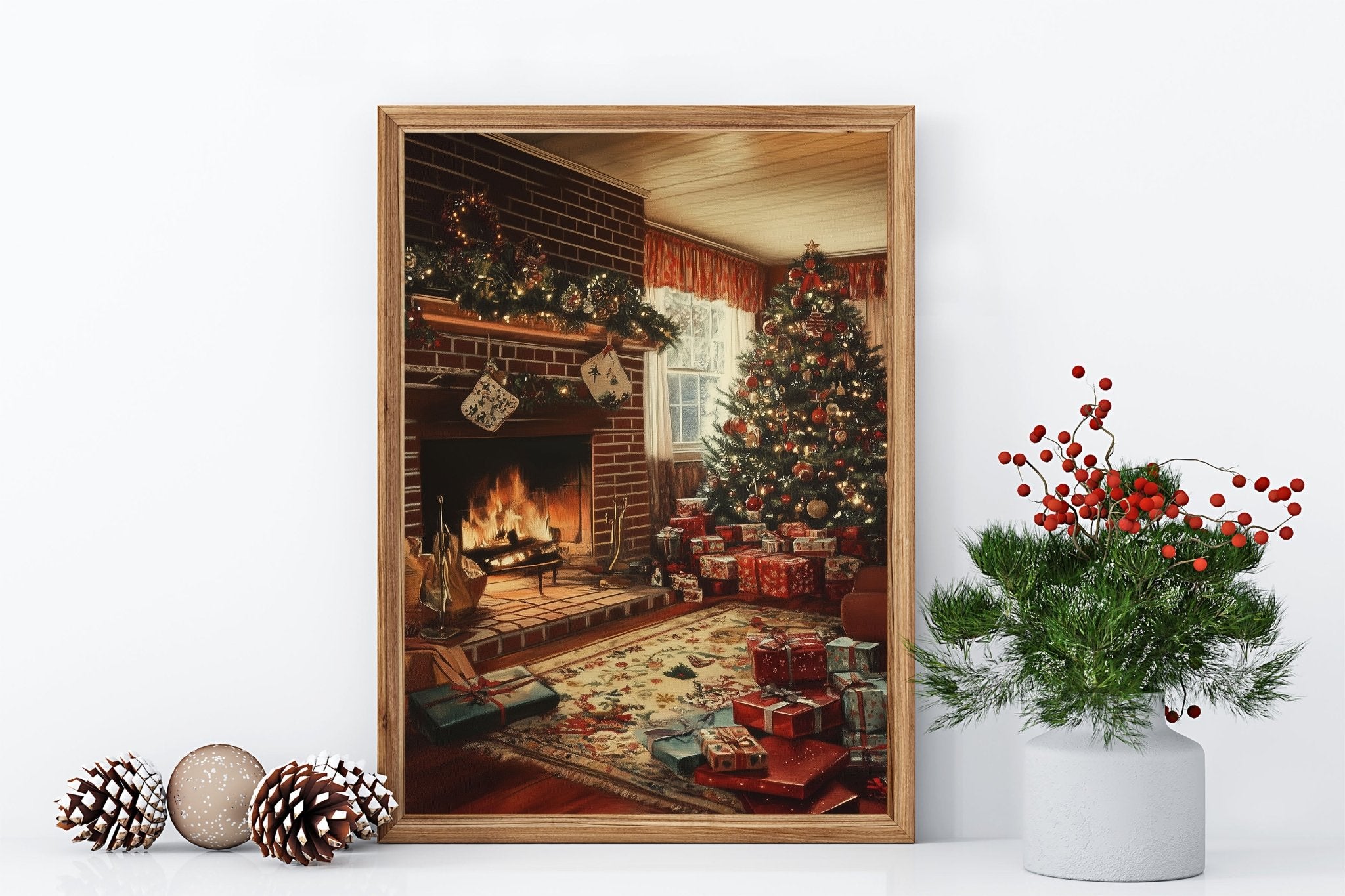 Christmas Scene Wall Print Poster Art Christmas Print Warm Fireplace Christmas Tree Setting - House of Binky