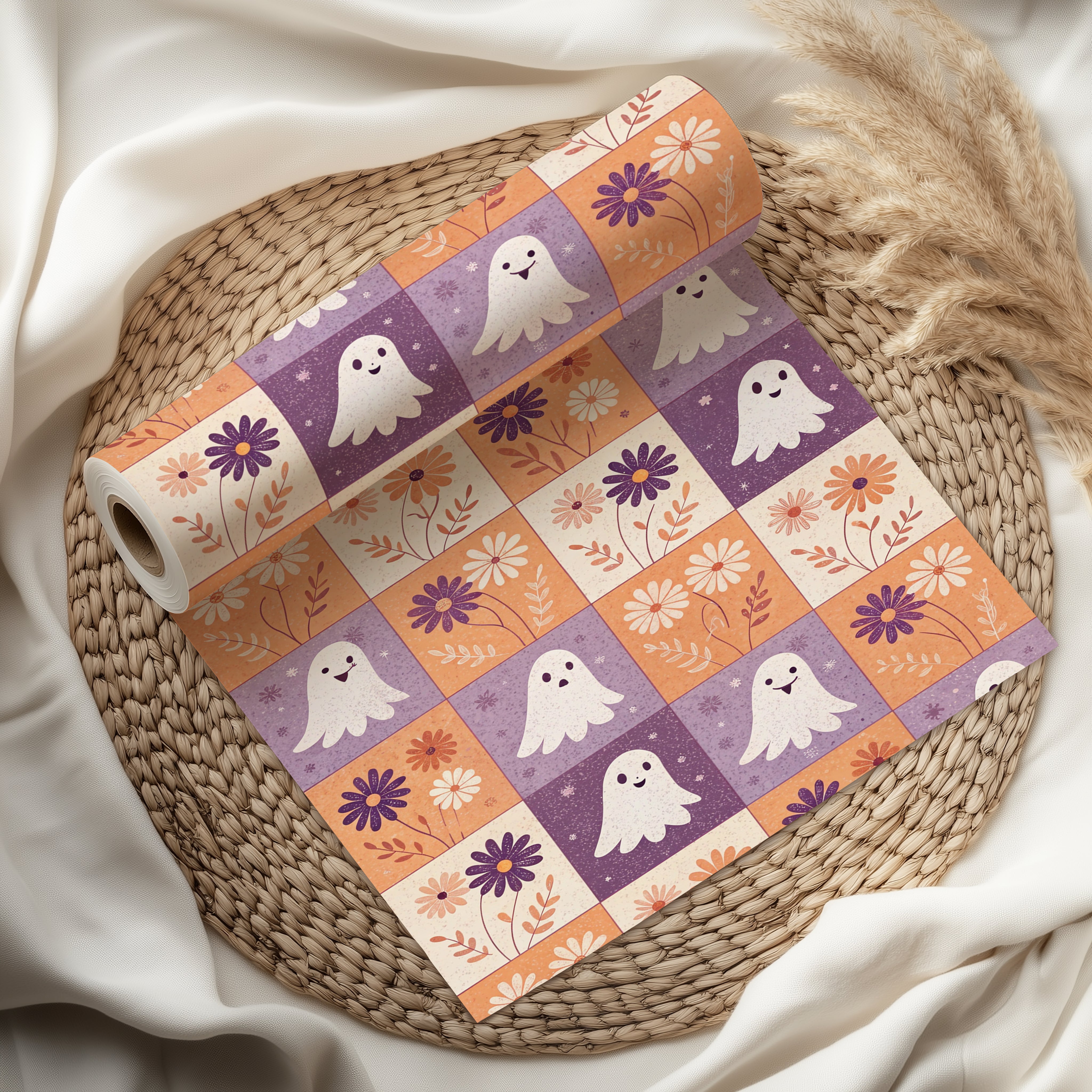 Cute Ghost Floral Wrapping Paper Sheet – Spooky Boho Quilt Block Gift Wrap for Halloween Birthdays, Multicolour