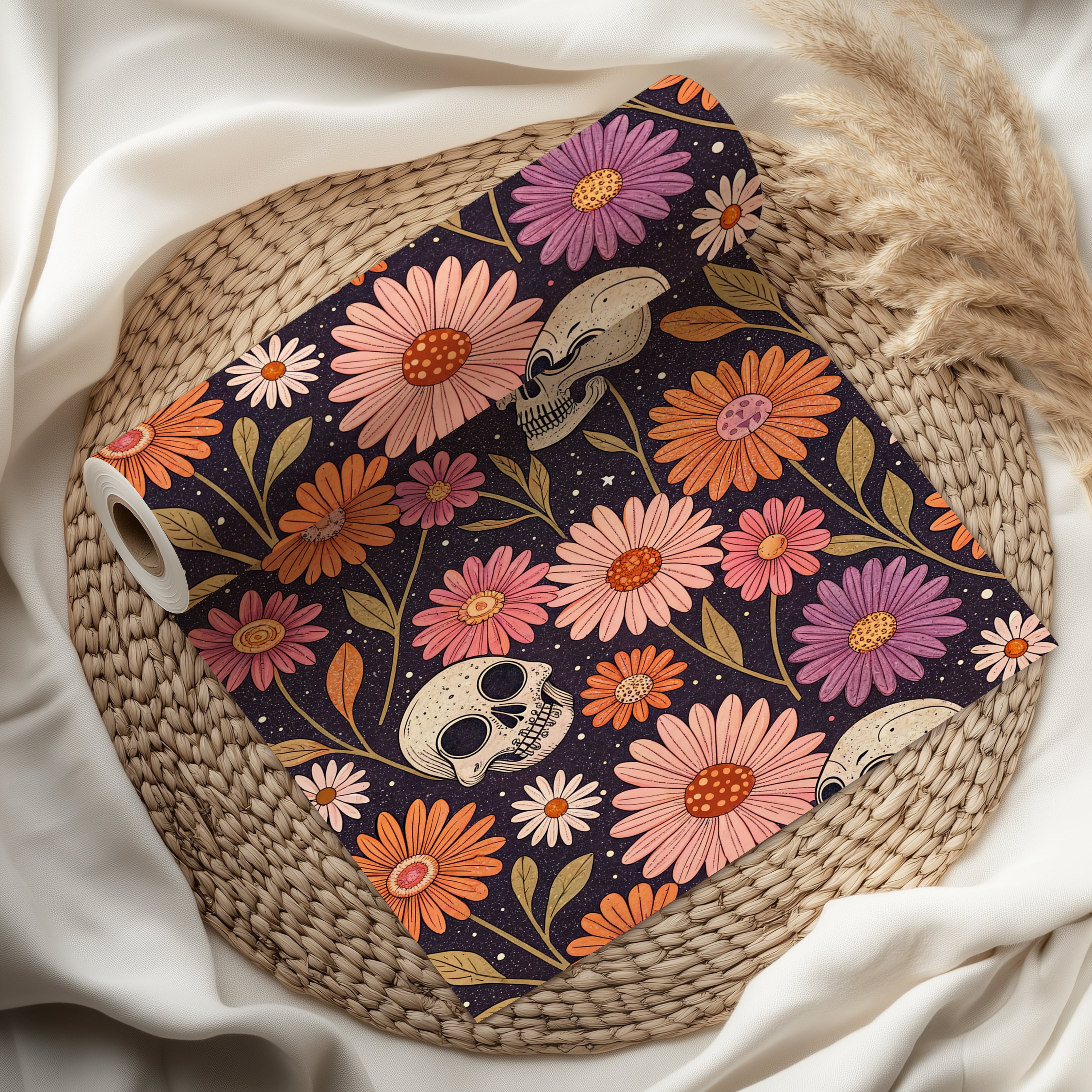Floral Skull Wrapping Paper Sheet – Gothic Botanical Gift Wrap for Halloween or Day of the Dead, Black