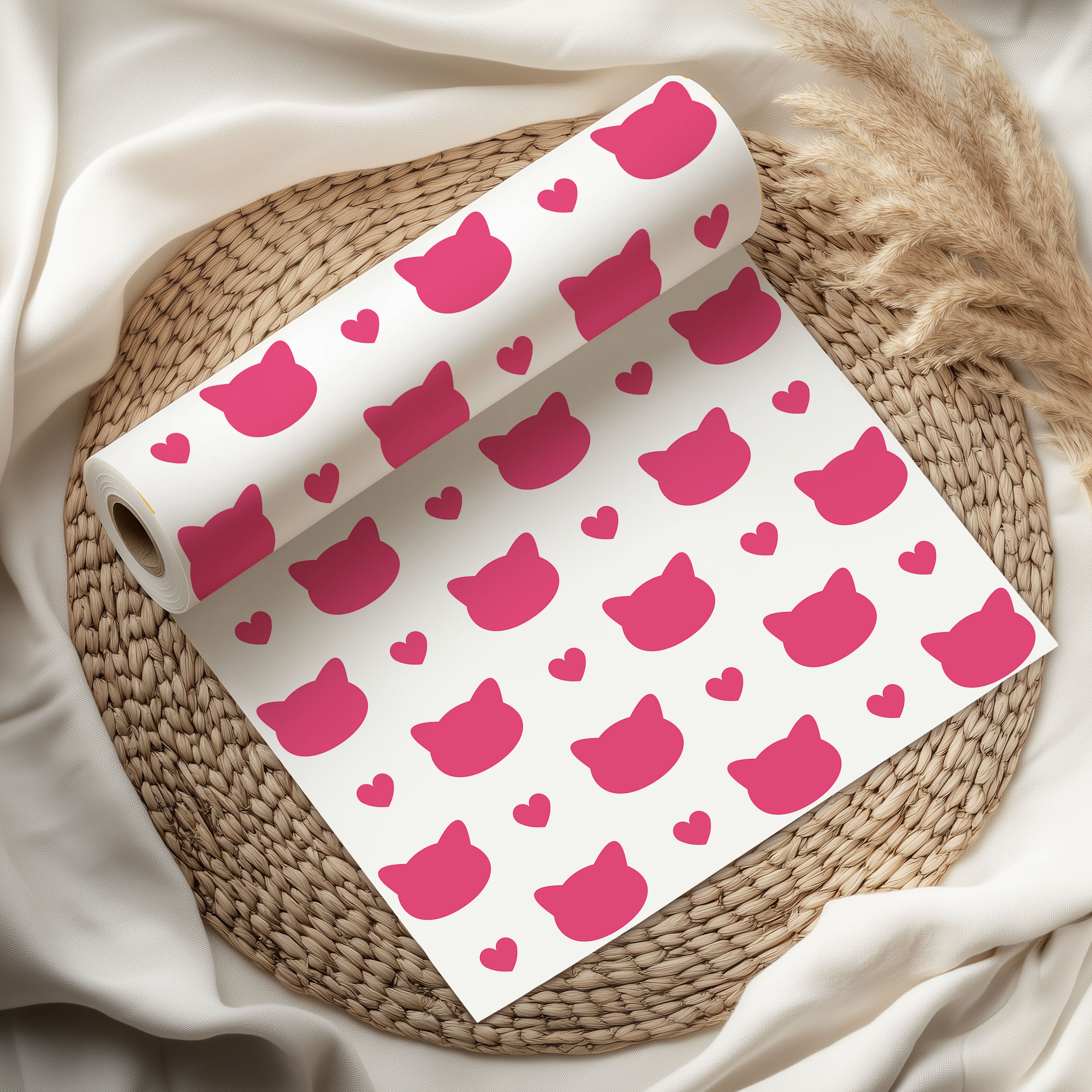 Pink Cat & Heart Silhouette Gift Wrapping Paper Sheets – Pack of 2 50x70cm