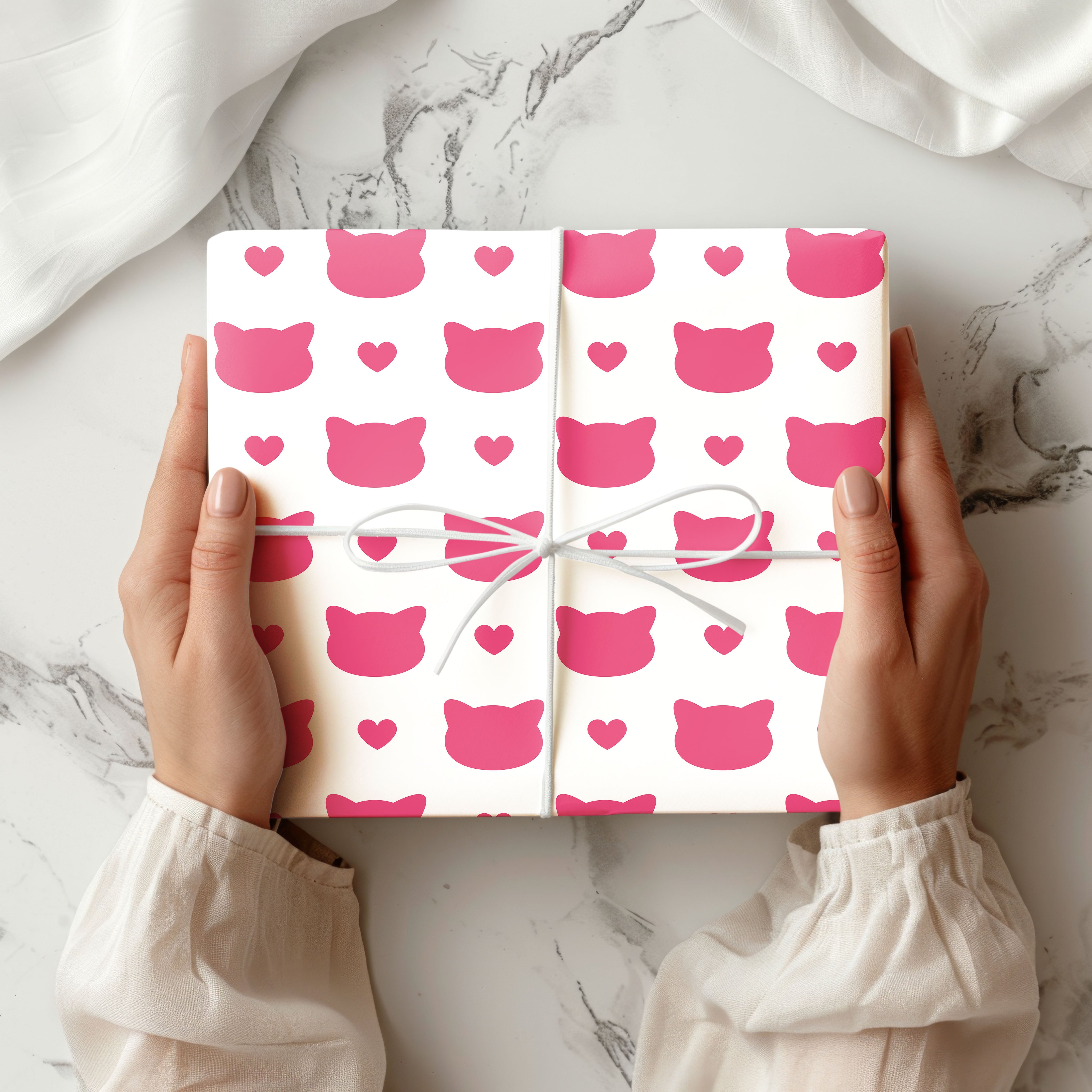 Pink Cat & Heart Silhouette Gift Wrapping Paper Sheets – Pack of 2 50x70cm