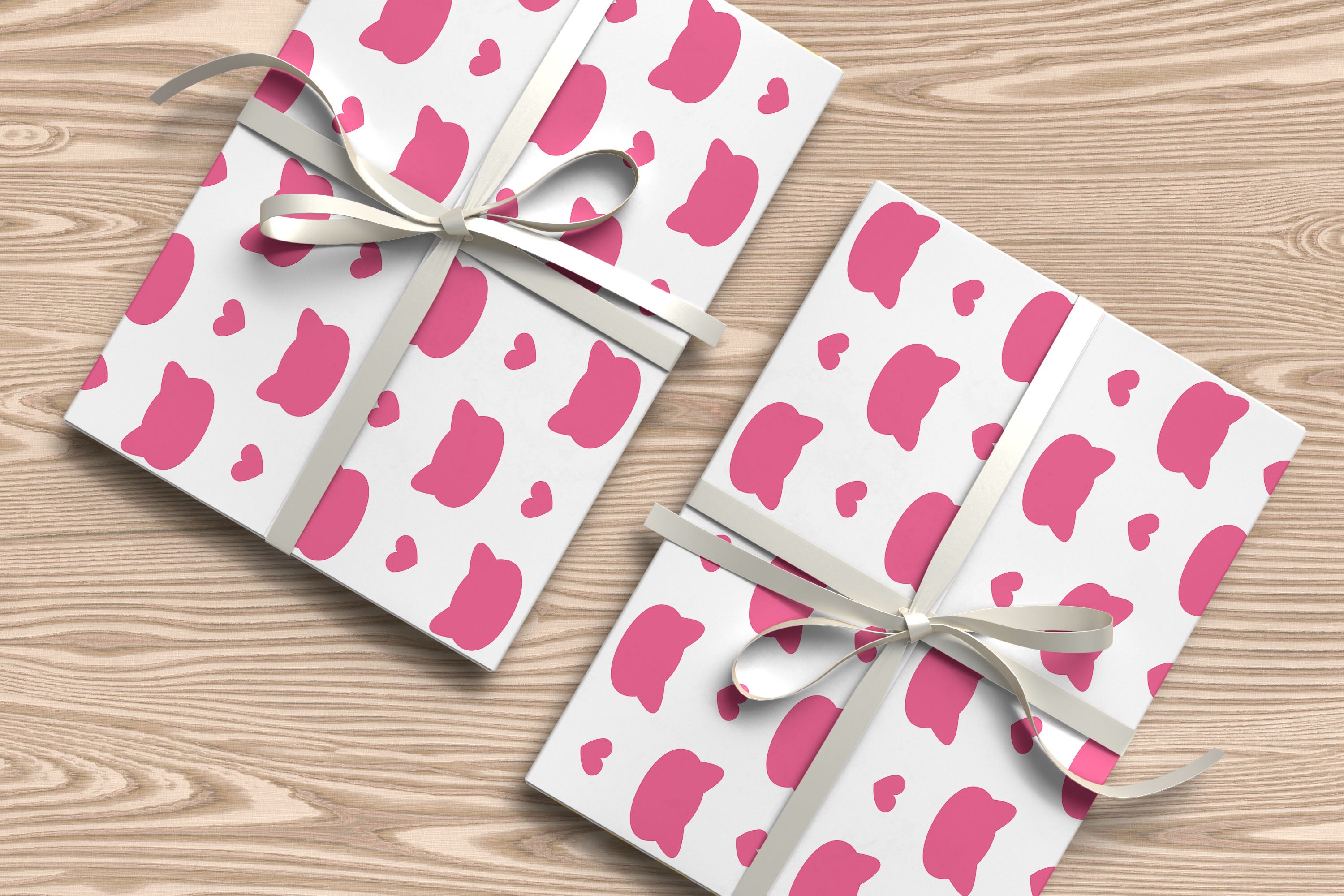 Pink Cat & Heart Silhouette Gift Wrapping Paper Sheets – Pack of 2 50x70cm