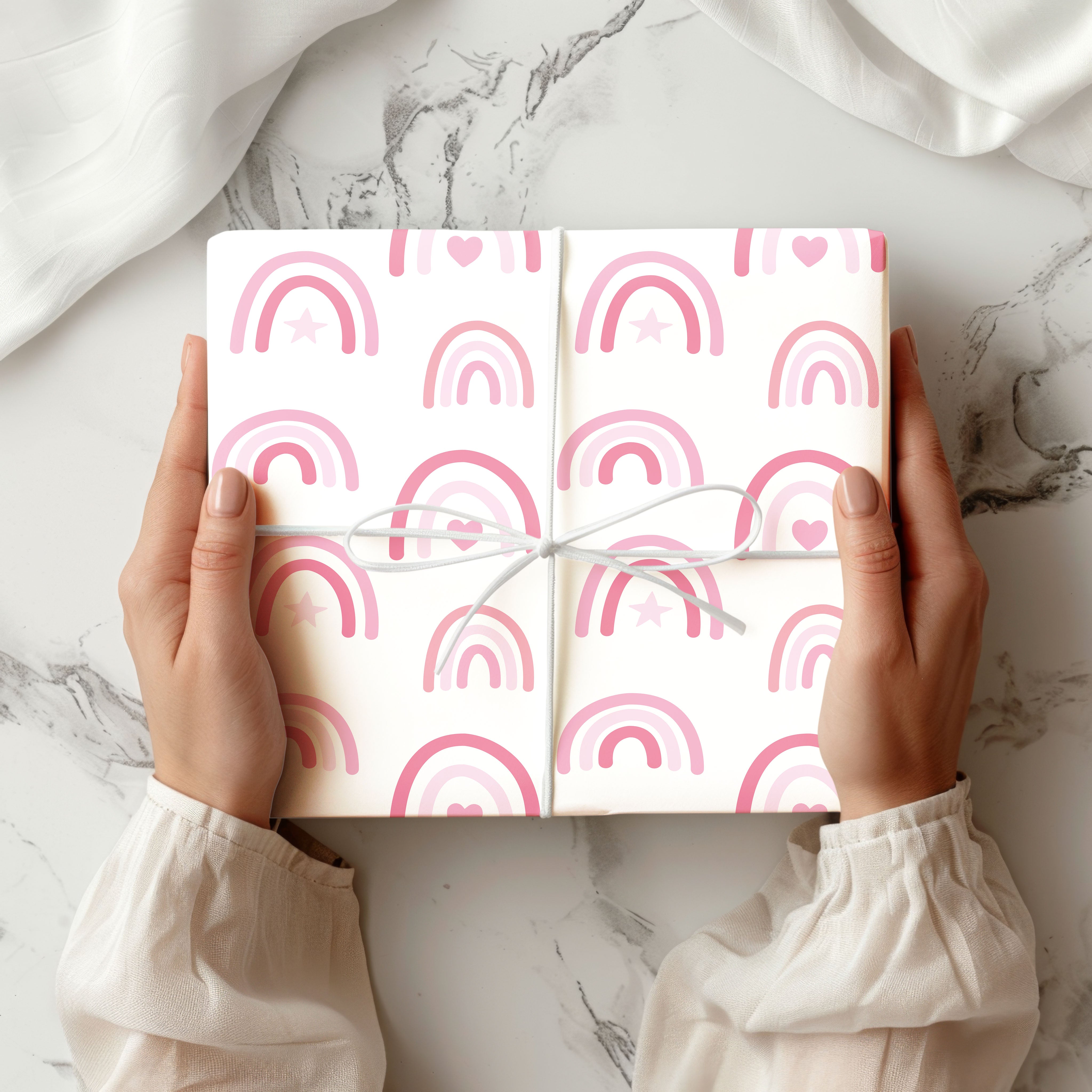 Pink Boho Rainbows & Hearts Pattern Wrapping Paper Custom Printed Gift Wrap