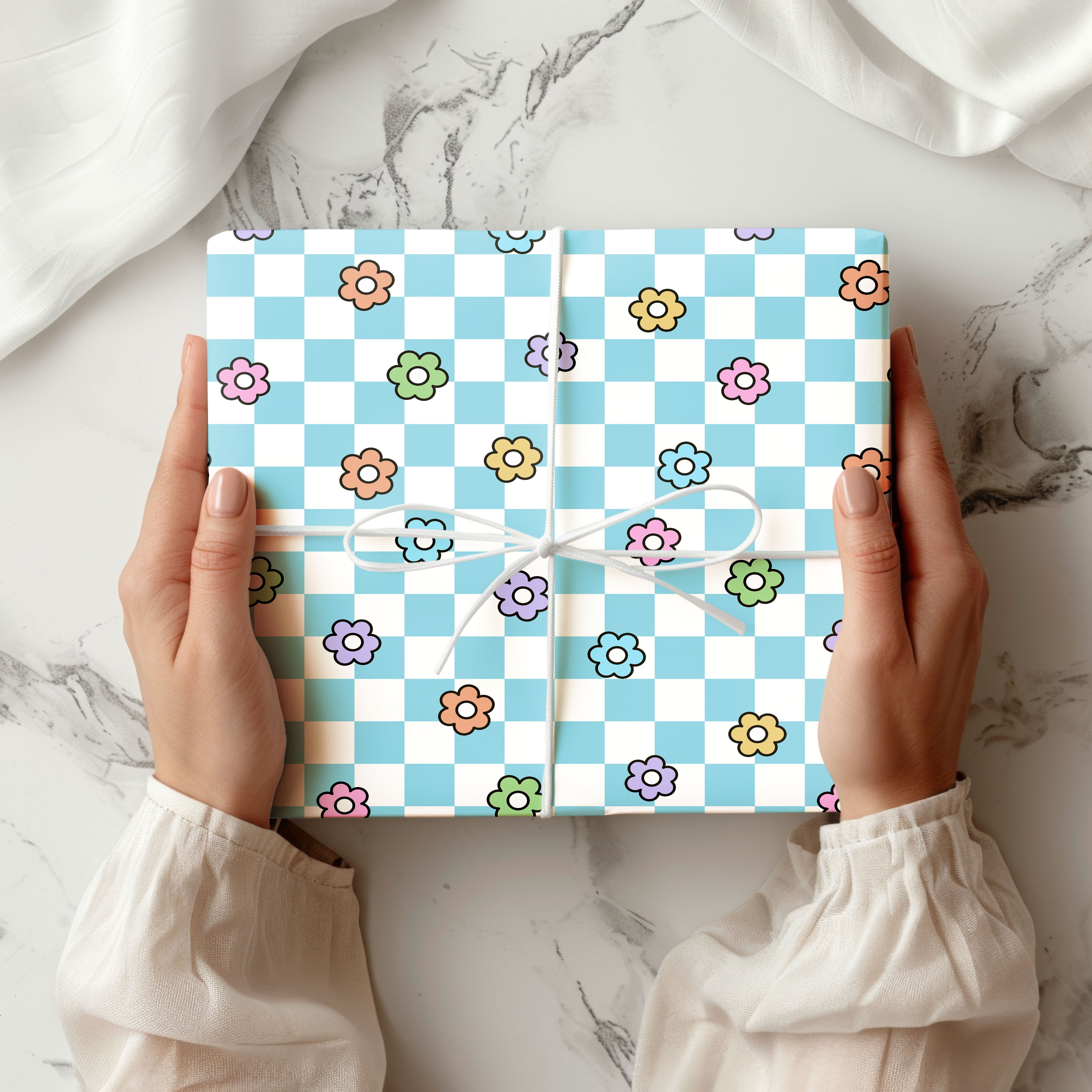 Checkerboard Floral Wrapping Paper Sheets – Pack of 2 50x70cm