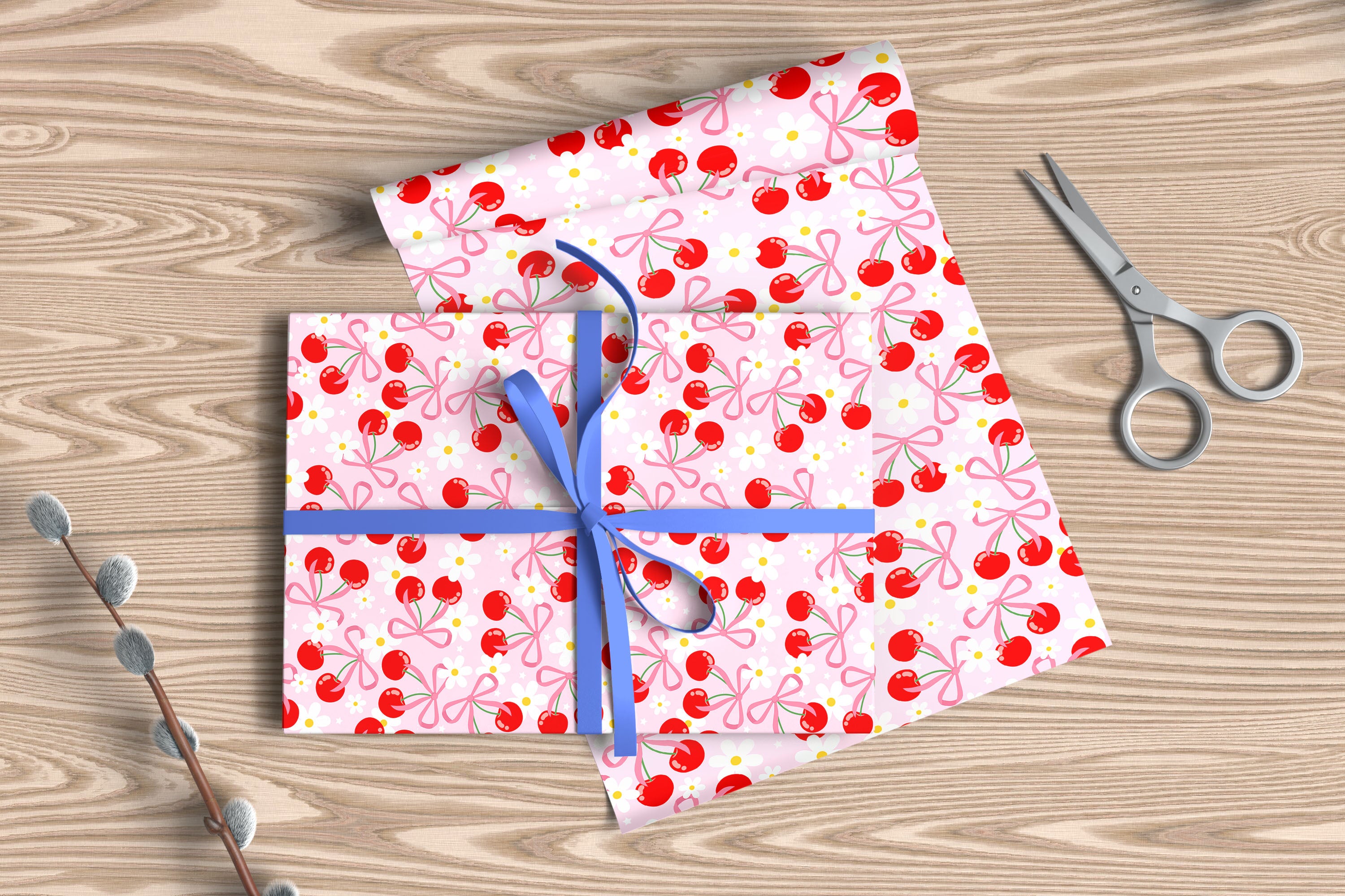 Pink Cherry & Ribbon Bow Gift Wrapping Paper Sheets – Pack of 2 50x70cm