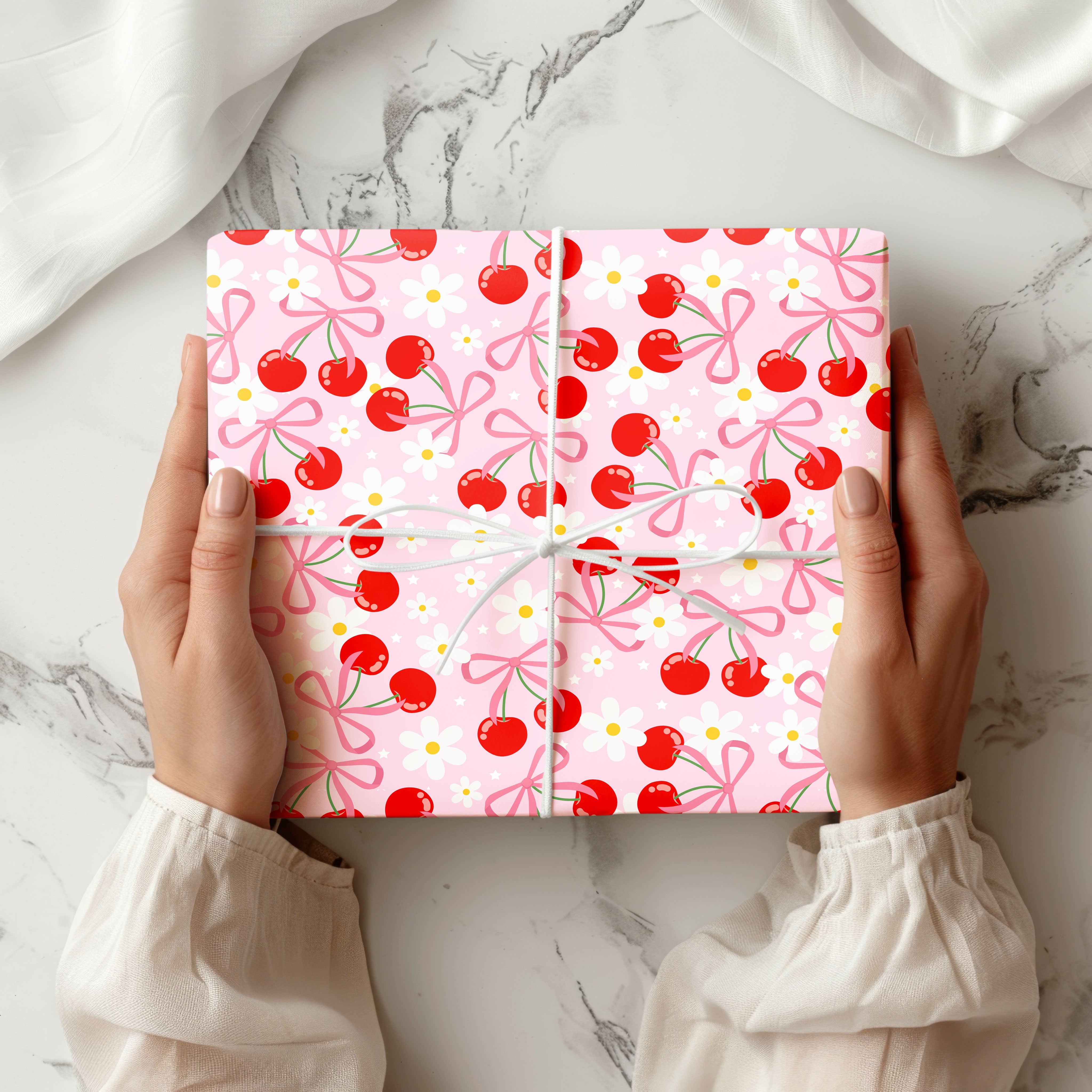 Pink Cherry & Ribbon Bow Gift Wrapping Paper Sheets – Pack of 2 50x70cm