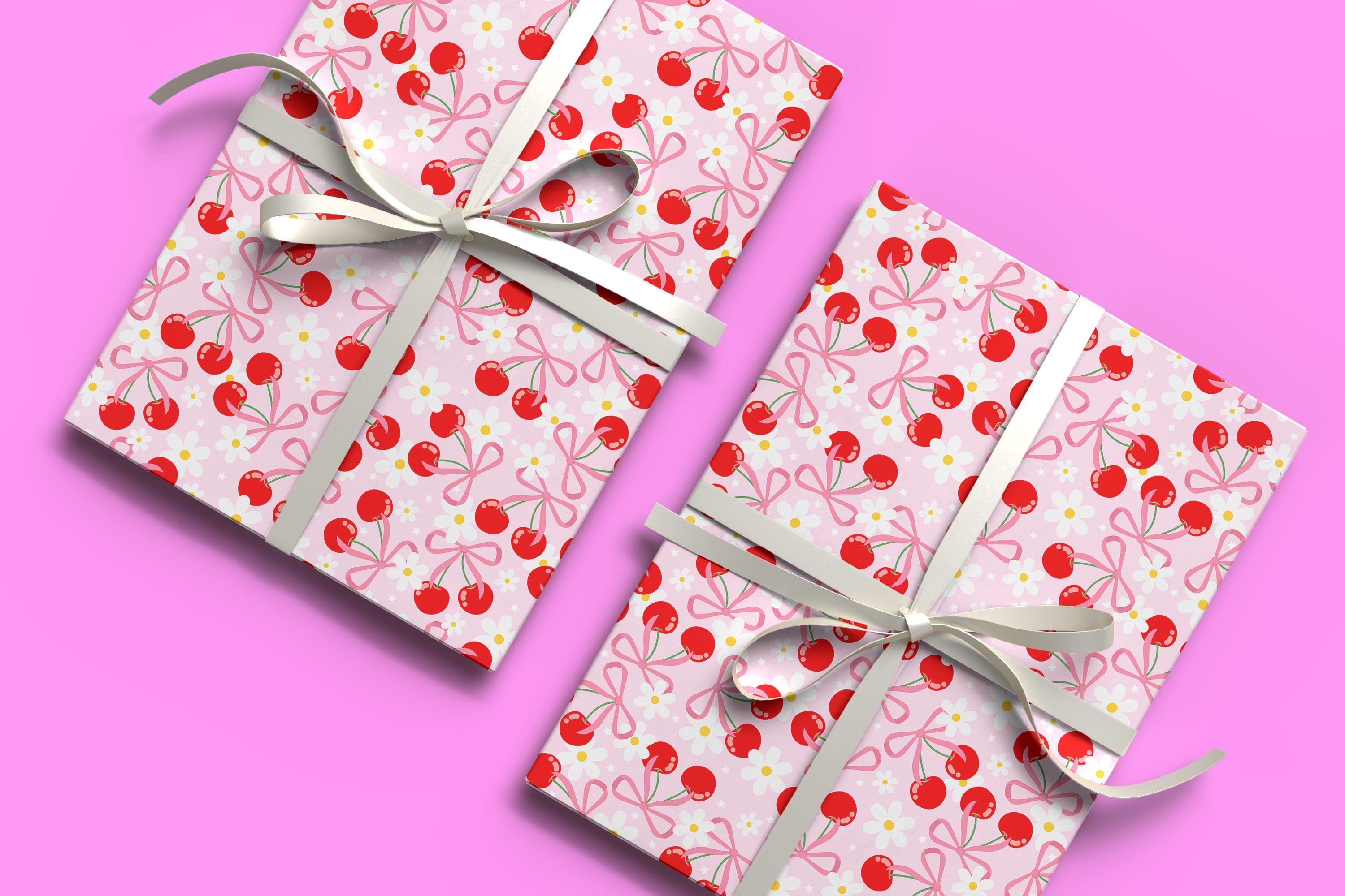Pink Cherry & Ribbon Bow Gift Wrapping Paper Sheets – Pack of 2 50x70cm
