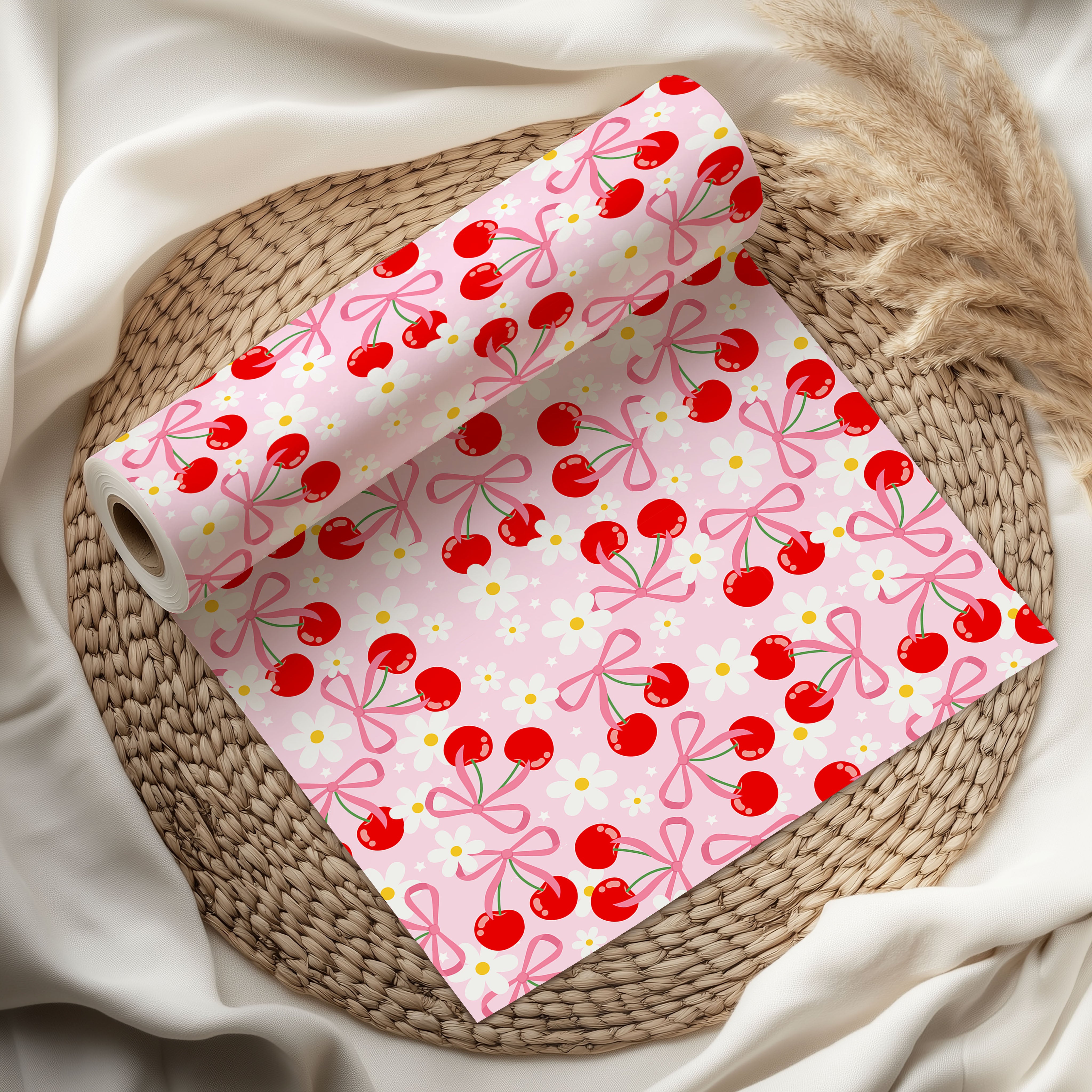 Pink Cherry & Ribbon Bow Gift Wrapping Paper Sheets – Pack of 2 50x70cm