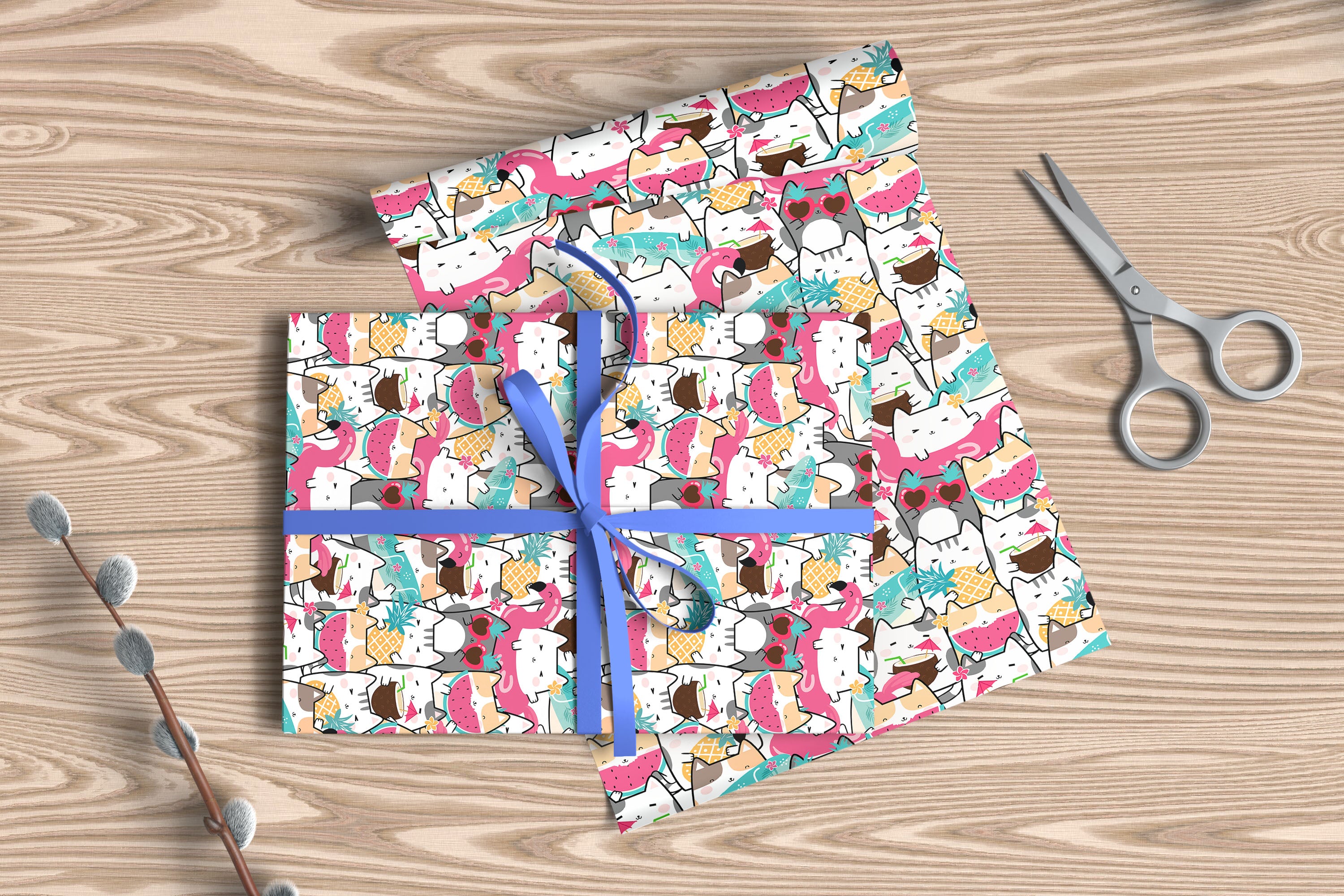 Summer Cats & Tropical Fruits Gift Wrapping Paper Sheets – Pack of 2 50x70cm